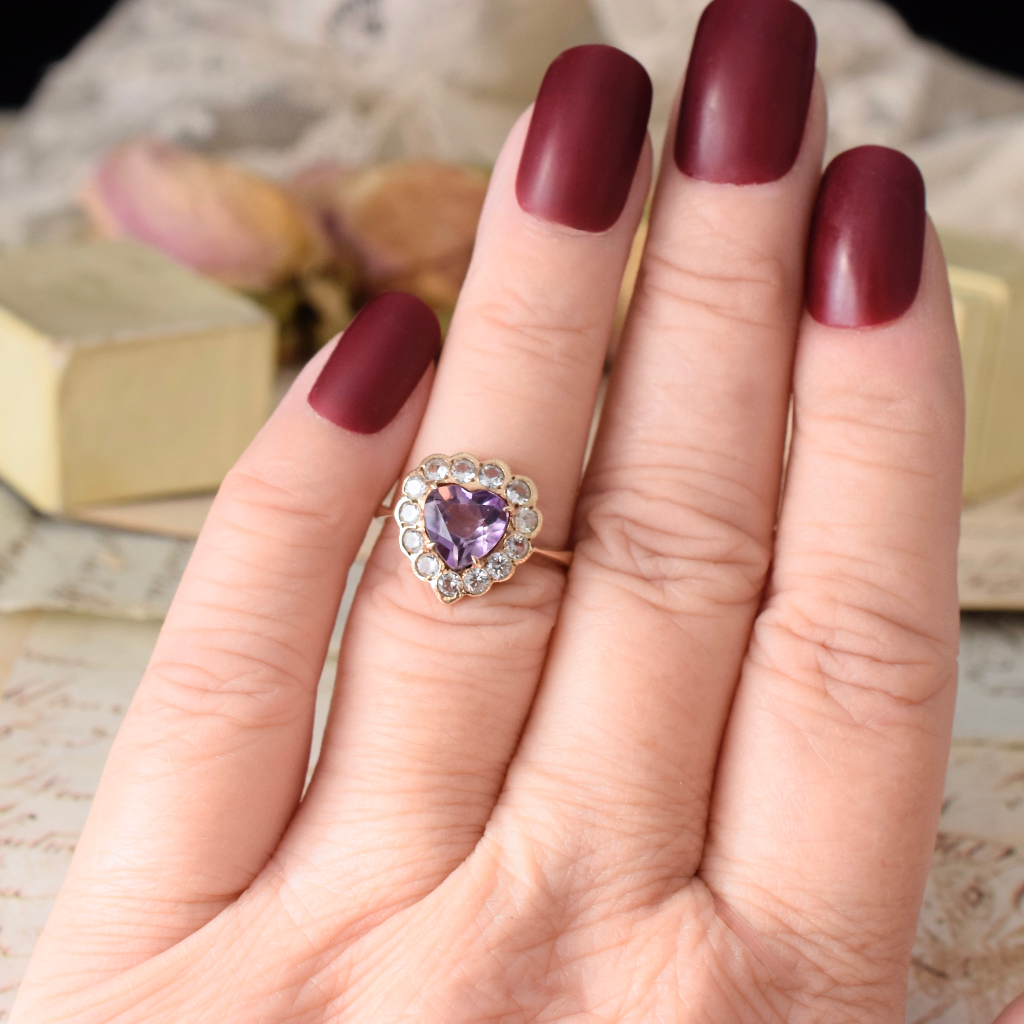 Vintage 9ct Yellow Gold Amethyst Heart And Spinel Ring - Birmingham 1958