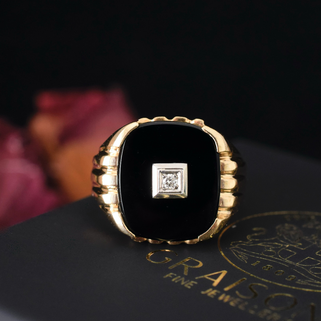 Vintage 14ct Yellow Gold Onyx And Diamond Signet Ring Circa 1940-50’s