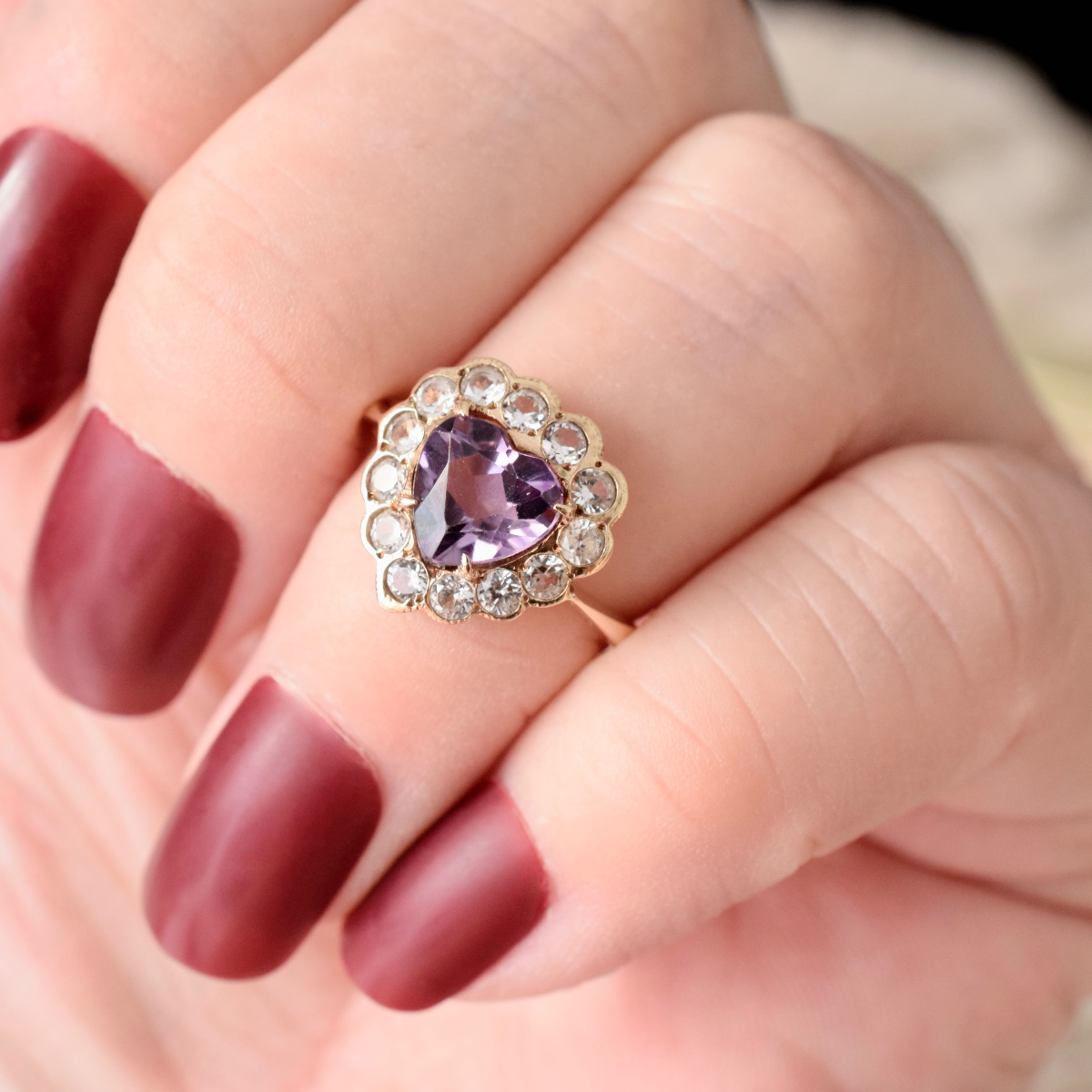 Vintage 9ct Yellow Gold Amethyst Heart And Spinel Ring - Birmingham 1958