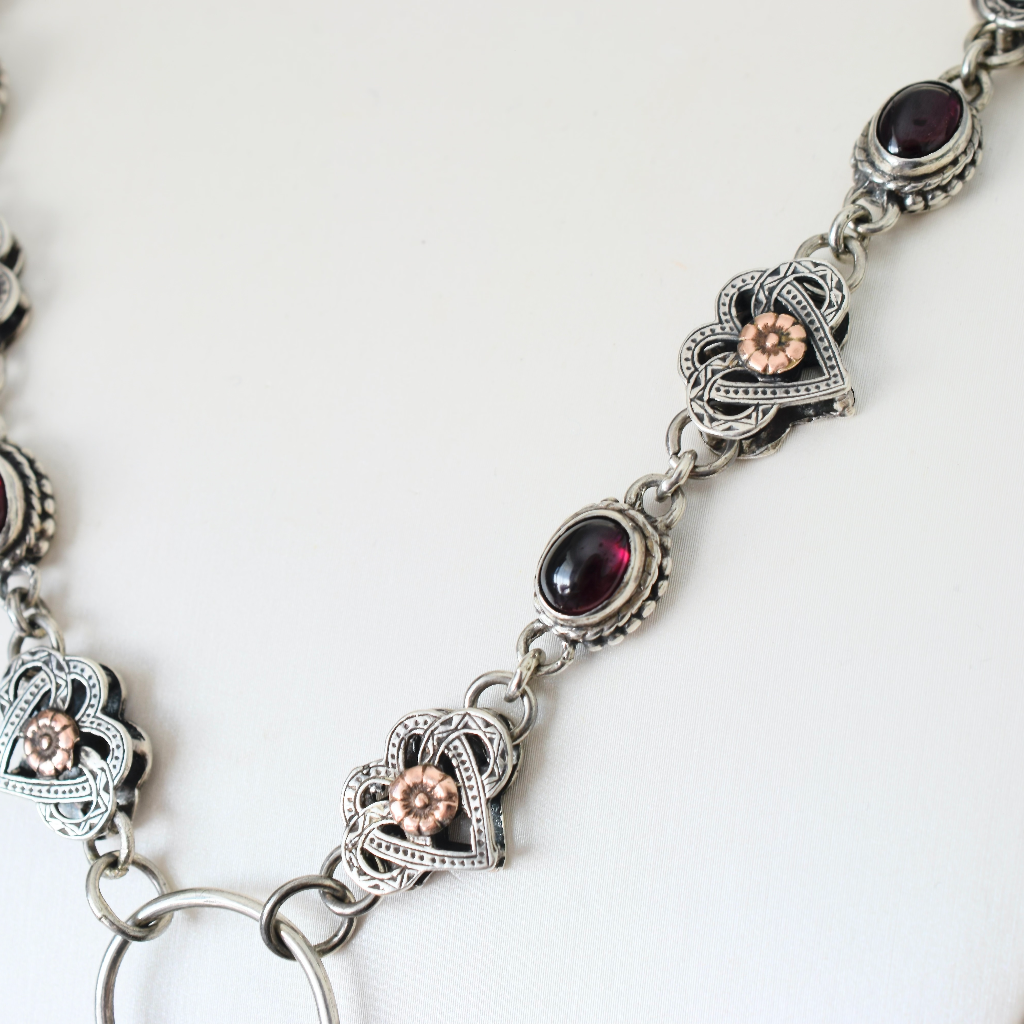 Vintage Sterling Silver, 9ct Rose Gold, Garnet, Celtic Style Padlock Necklace Circa 1980’s