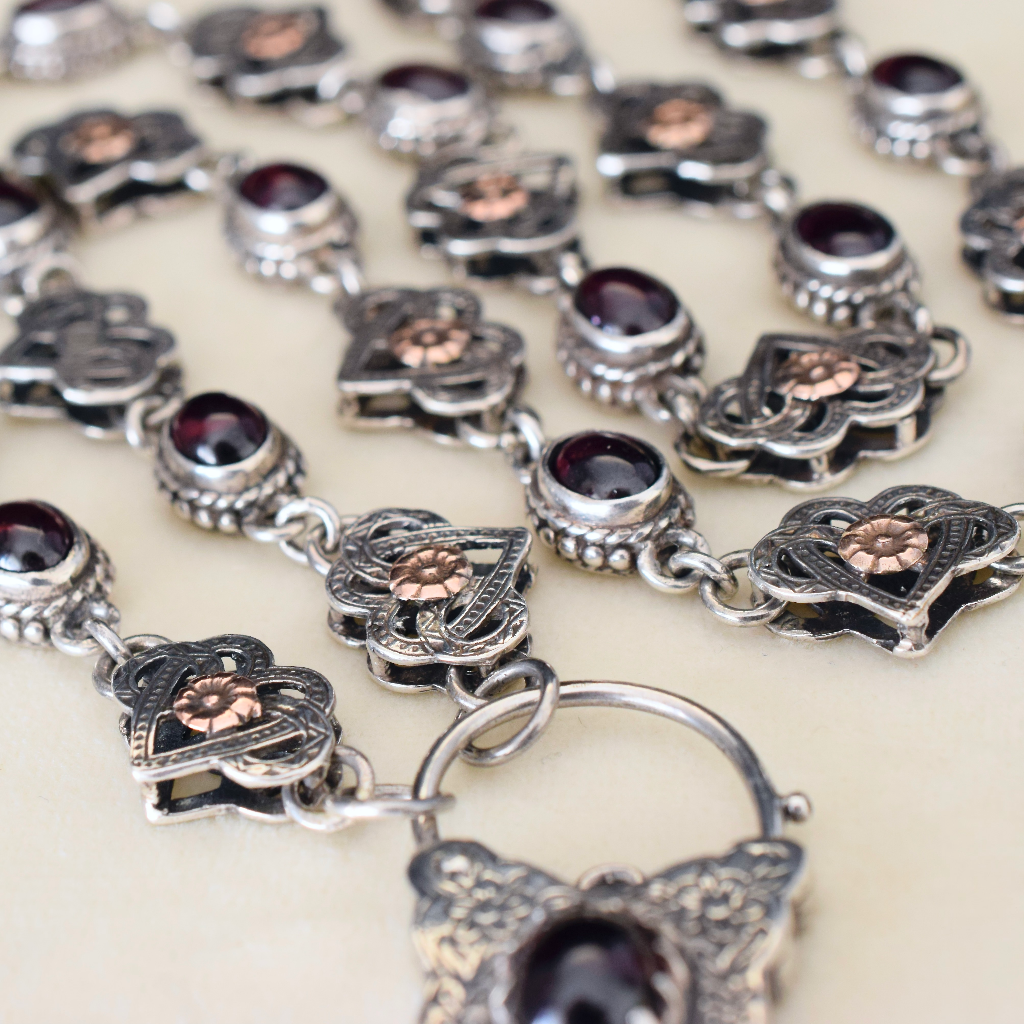 Vintage Sterling Silver, 9ct Rose Gold, Garnet, Celtic Style Padlock Necklace Circa 1980’s