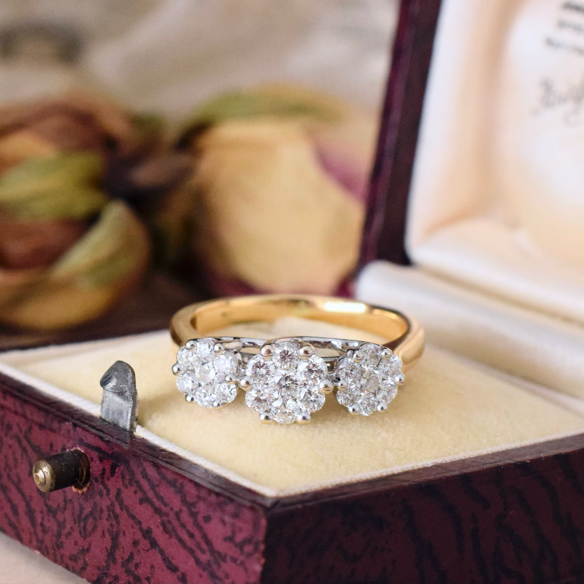 Modern 18ct Yellow Gold And Diamond Triple Daisy Halo Ring 0.57ct TDW