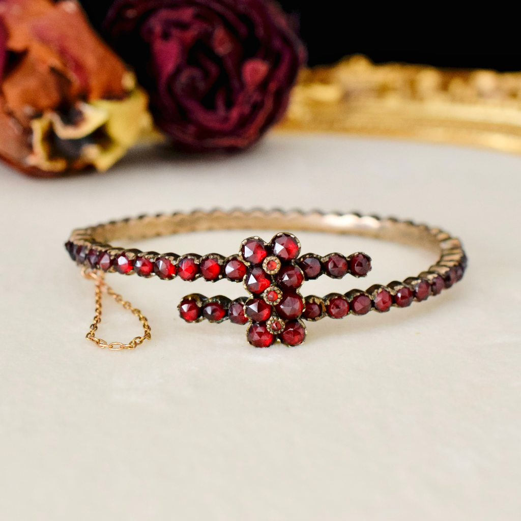 Antique Victorian Bohemian Garnet Crossover Bangle Circa 1890-1900