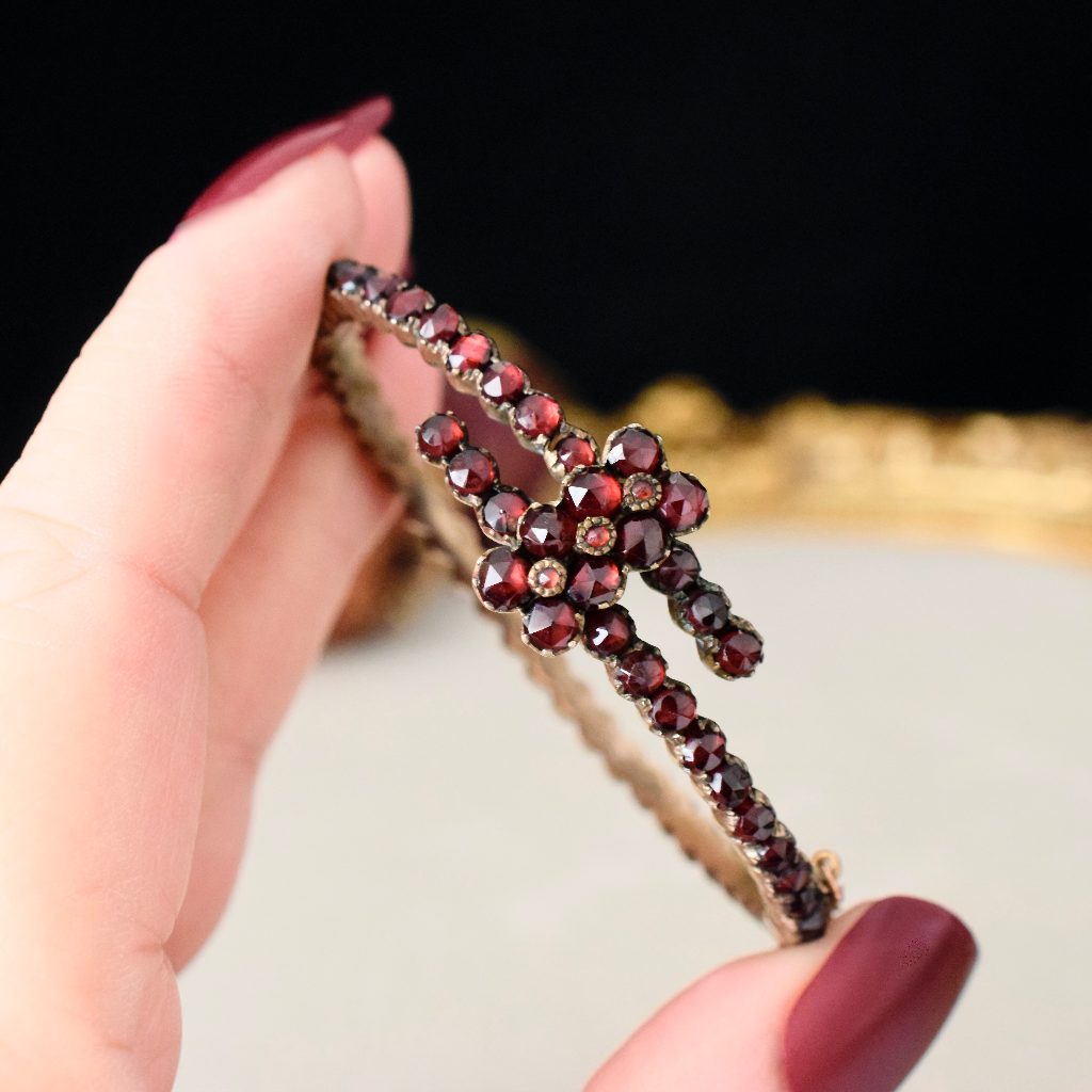 Antique Victorian Bohemian Garnet Crossover Bangle Circa 1890-1900