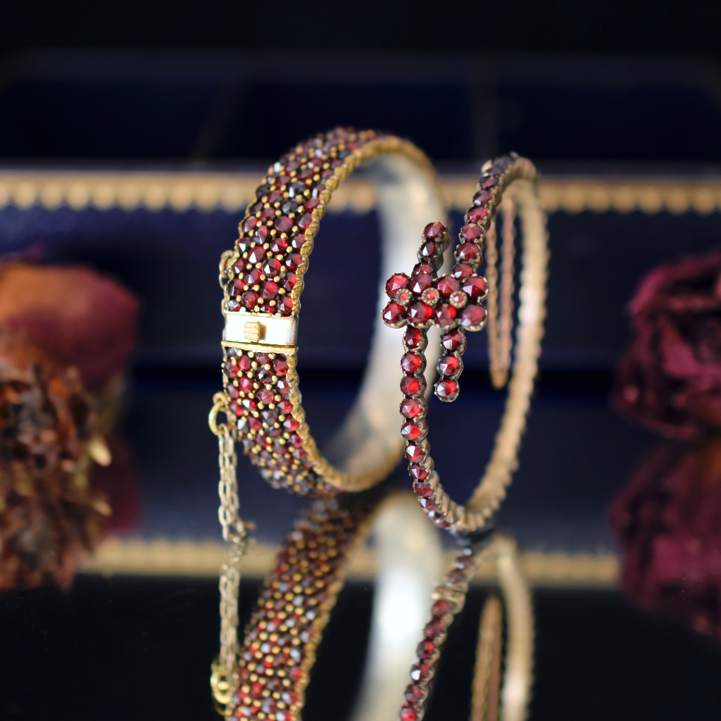Antique Victorian Bohemian Garnet Crossover Bangle Circa 1890-1900