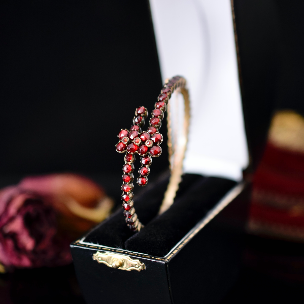 Antique Victorian Bohemian Garnet Crossover Bangle Circa 1890-1900