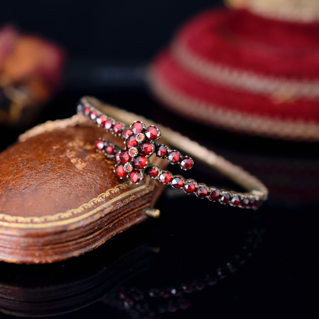 Antique Victorian Bohemian Garnet Crossover Bangle Circa 1890-1900