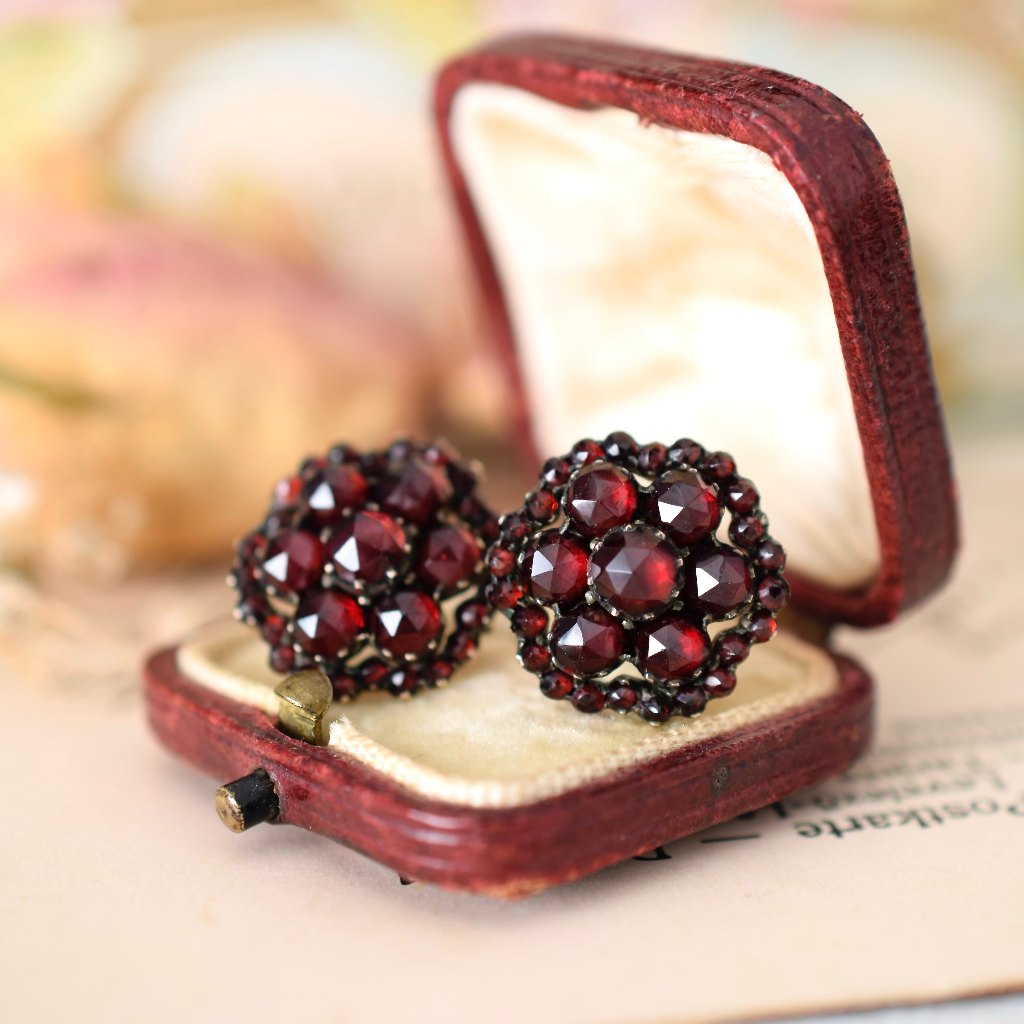 Antique Bohemian Garnet Flower Cluster Earrings Circa 1900