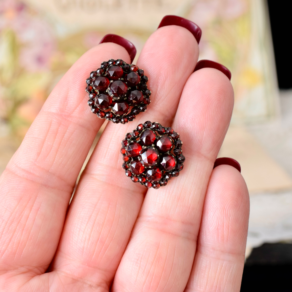 Antique Bohemian Garnet Flower Cluster Earrings Circa 1900