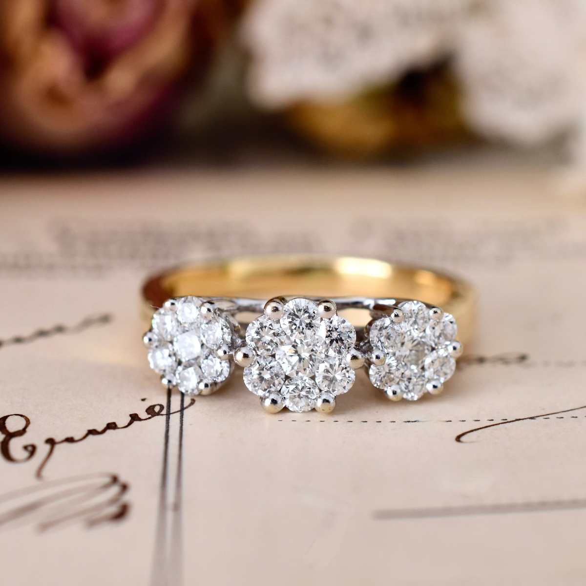 Modern 18ct Yellow Gold And Diamond Triple Daisy Halo Ring 0.57ct TDW