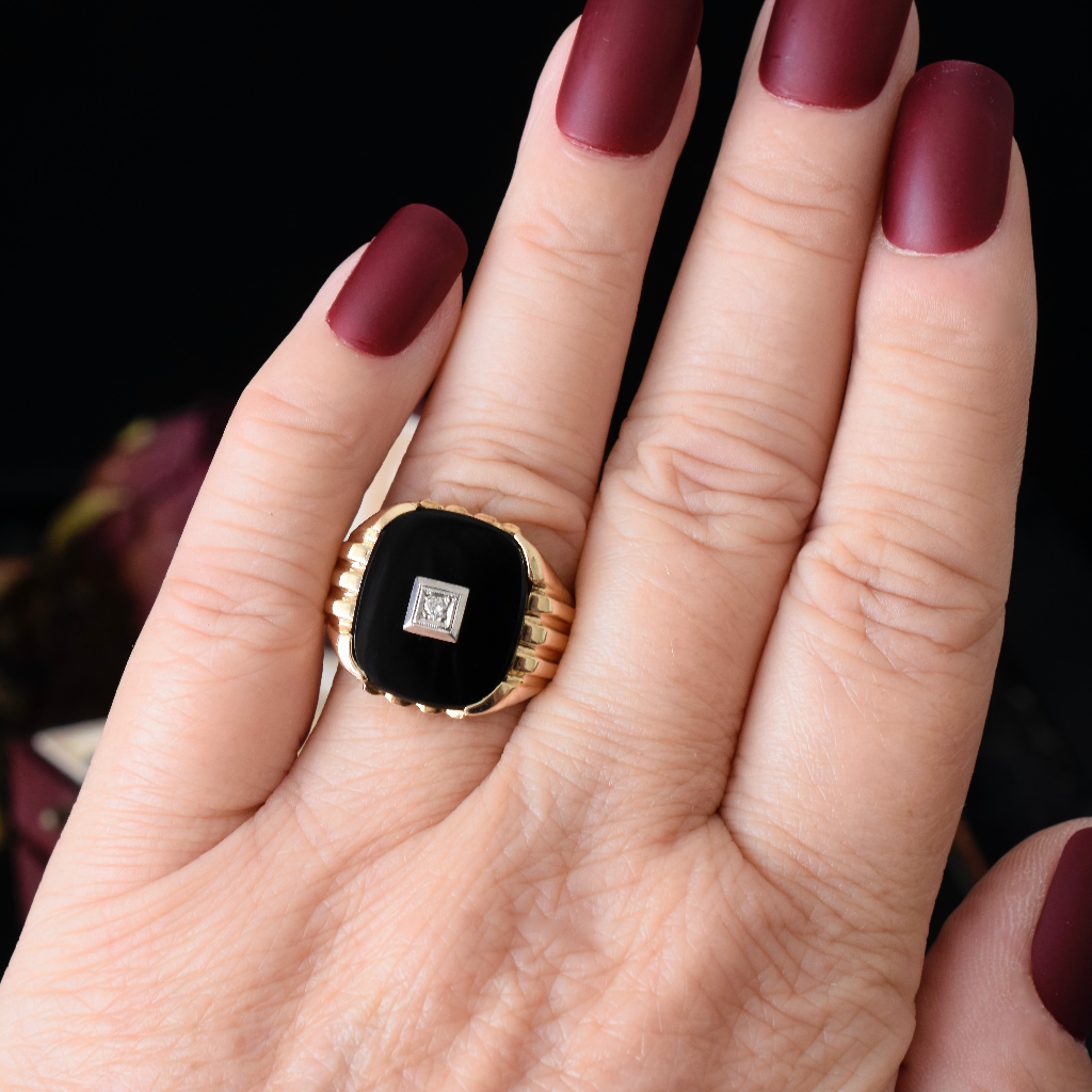 Vintage 14ct Yellow Gold Onyx And Diamond Signet Ring Circa 1940-50’s