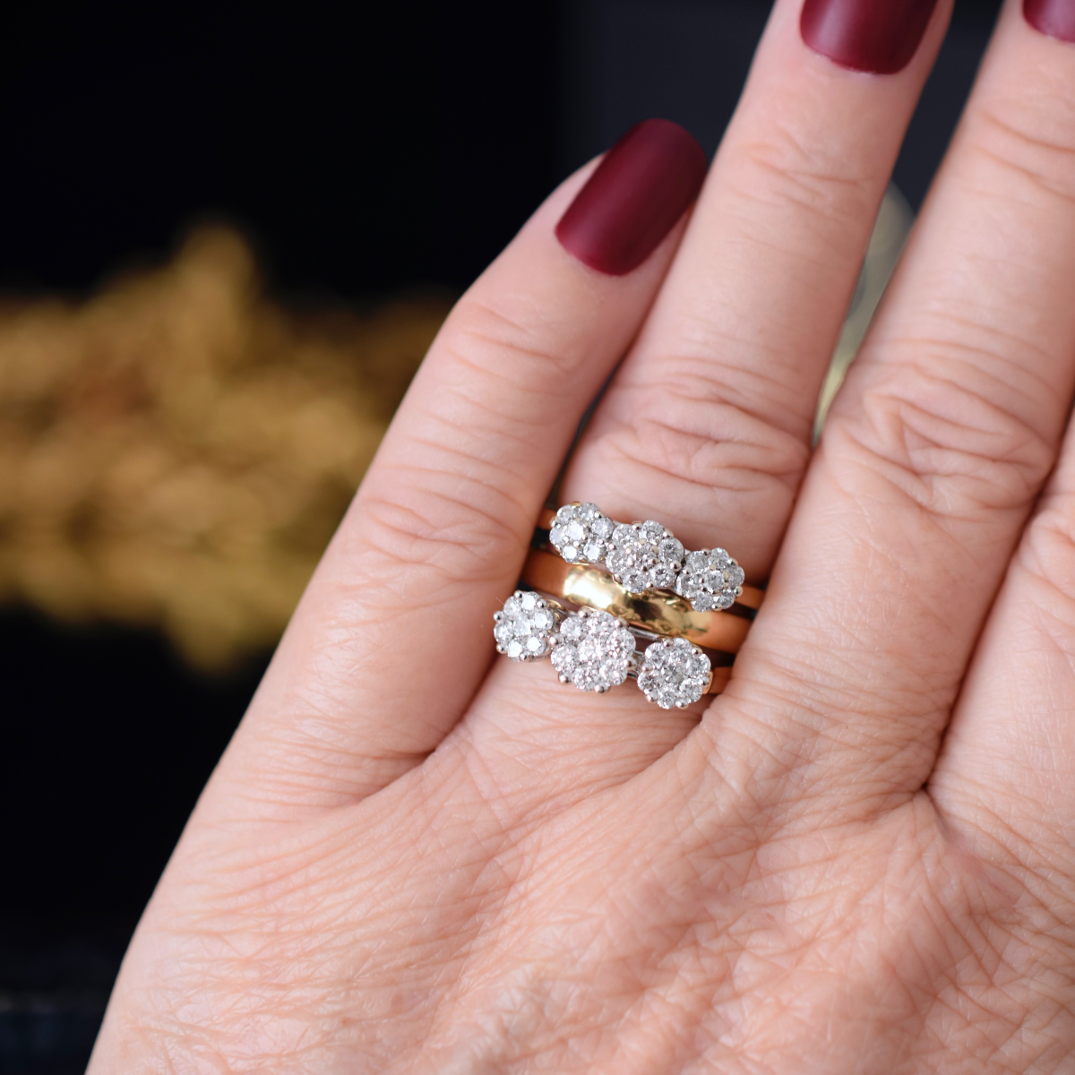 Modern 18ct Yellow Gold And Diamond Triple Daisy Halo Ring 0.57ct TDW