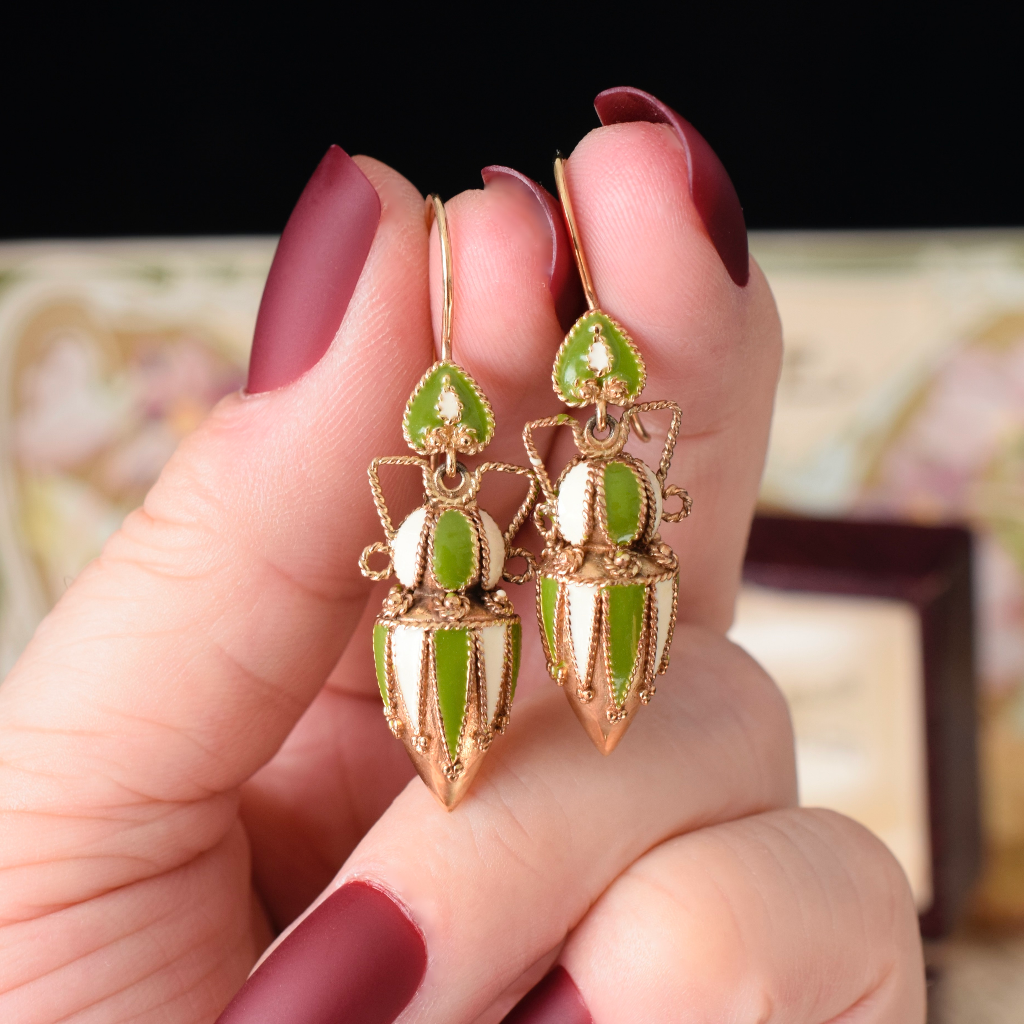 Modern - Antique Style - 9ct Yellow Gold Enamel ‘Amphora’ Earrings