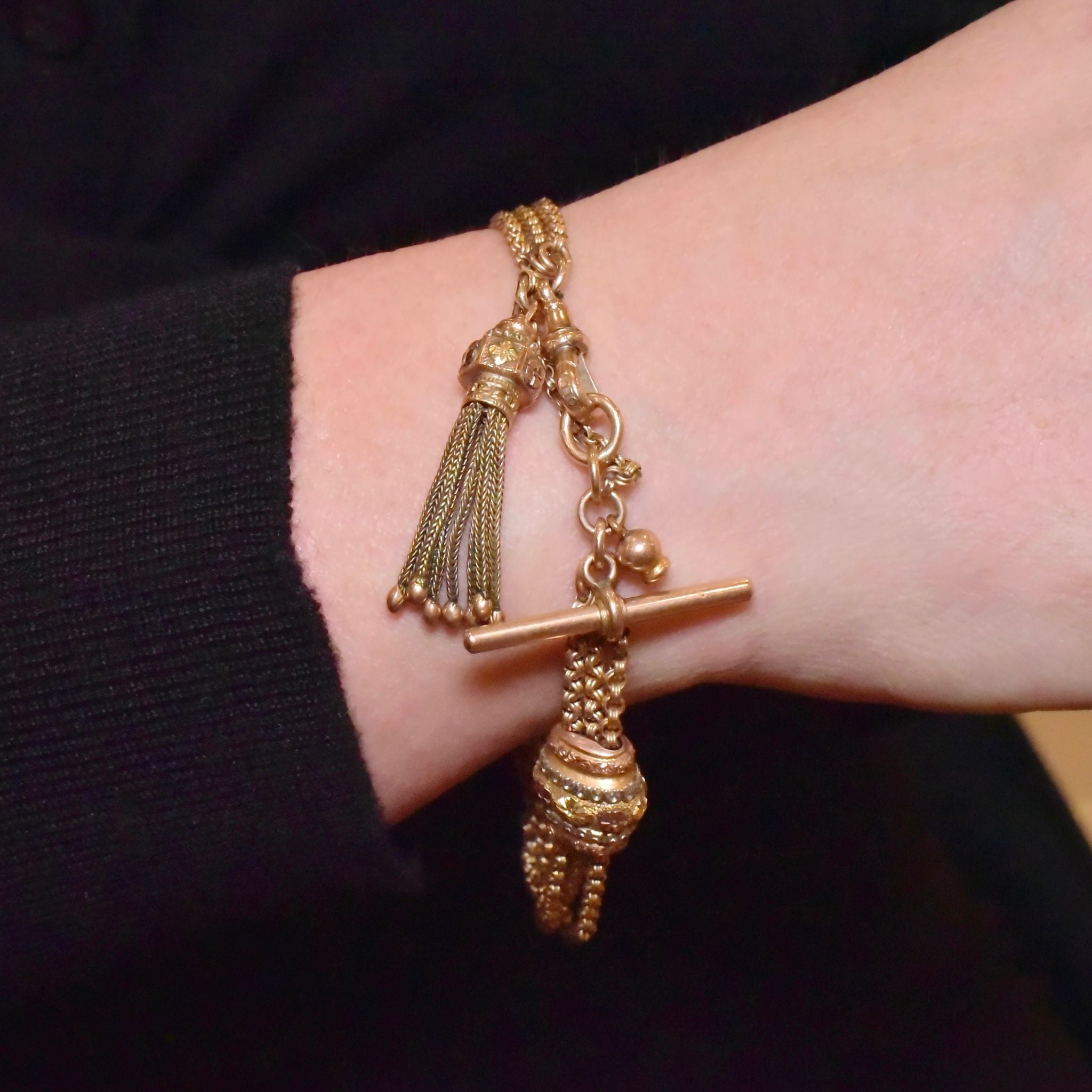 Superb Victorian 9ct Tri-Colour Gold Albertina Tassel Slide Bracelet