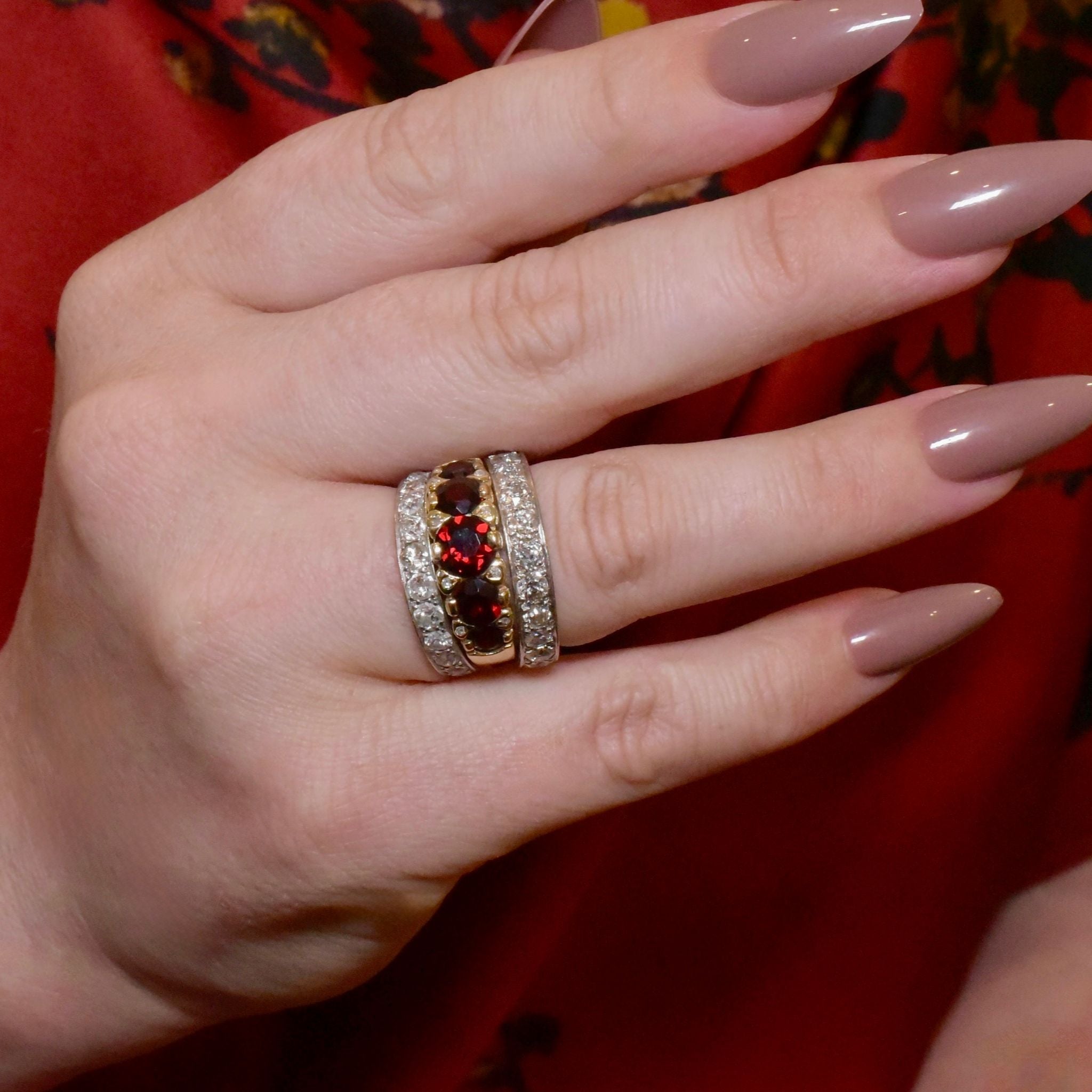 Modern 9ct Yellow Gold Garnet And Diamond ‘Half Hoop’ Ring - London 2000’s