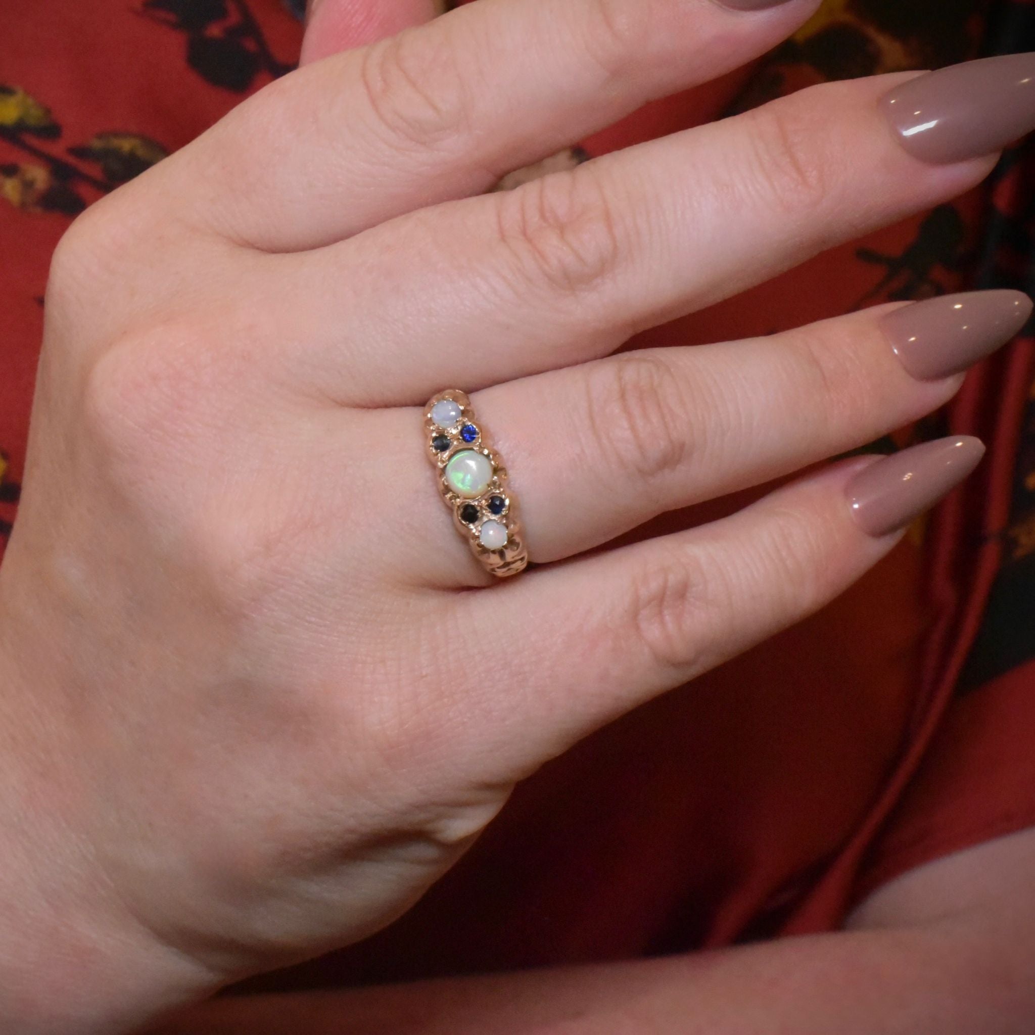 Vintage 9ct Rose Gold Opal And Sapphire Bridge Ring - Birmingham 1976