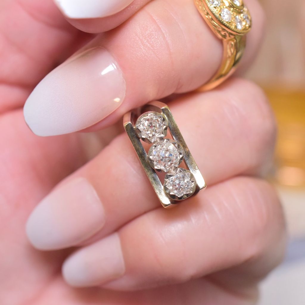 Vintage Estate 18ct Yellow (And White Gold) Old Mine Cut Diamond Trilogy Ring