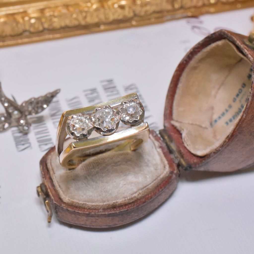 Vintage Estate 18ct Yellow (And White Gold) Old Mine Cut Diamond Trilogy Ring