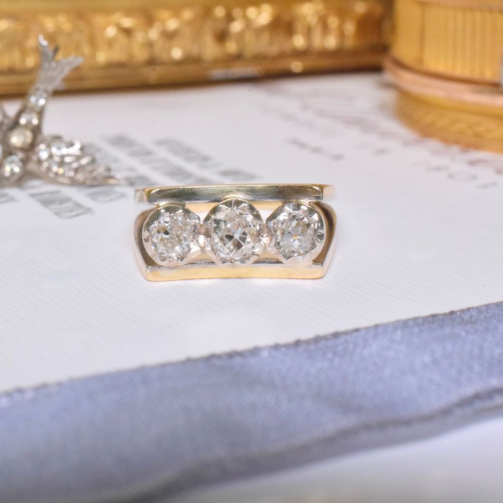 Vintage Estate 18ct Yellow (And White Gold) Old Mine Cut Diamond Trilogy Ring