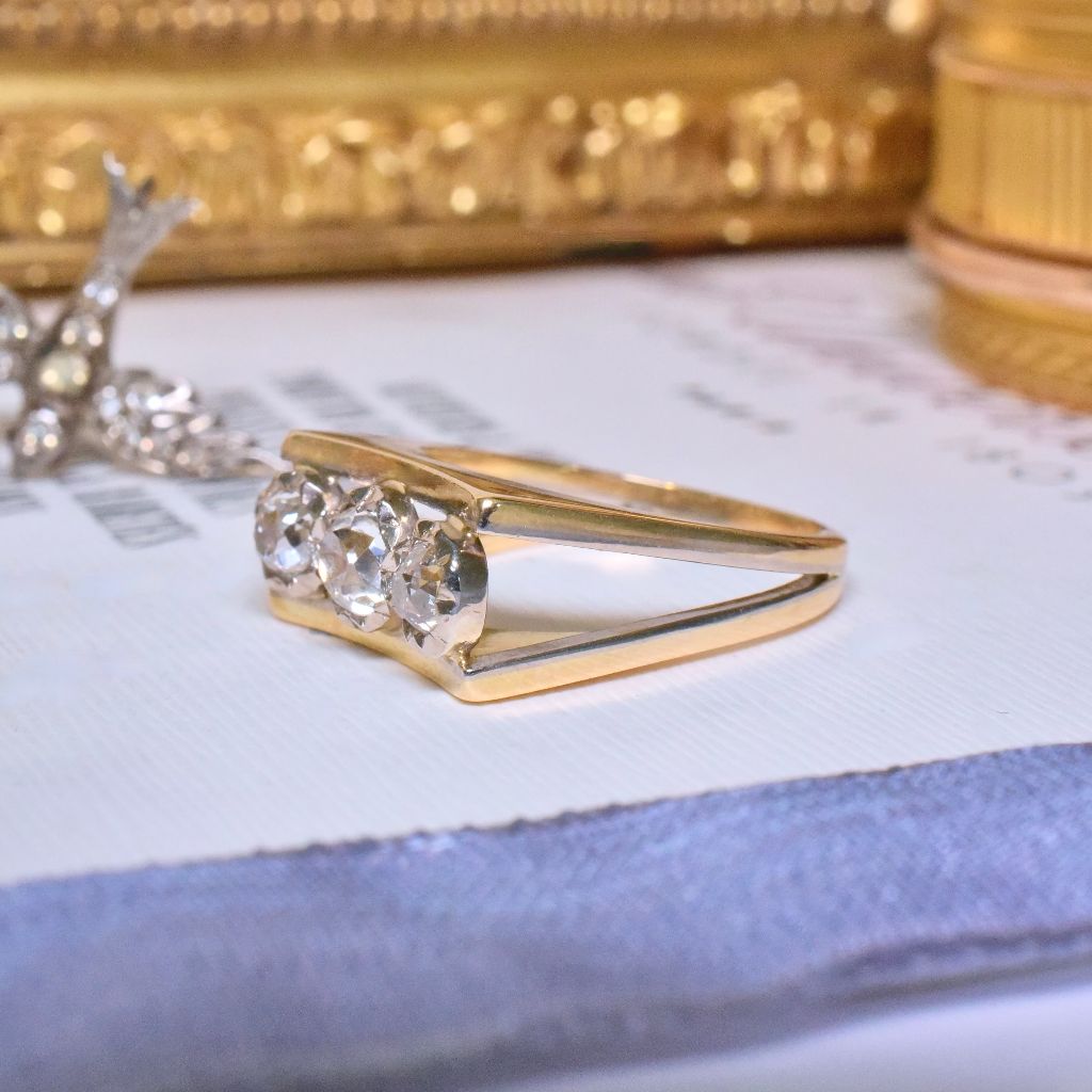 Vintage Estate 18ct Yellow (And White Gold) Old Mine Cut Diamond Trilogy Ring