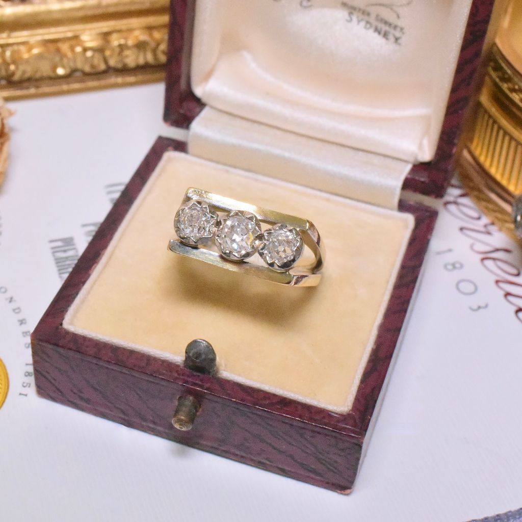 Vintage Estate 18ct Yellow (And White Gold) Old Mine Cut Diamond Trilogy Ring