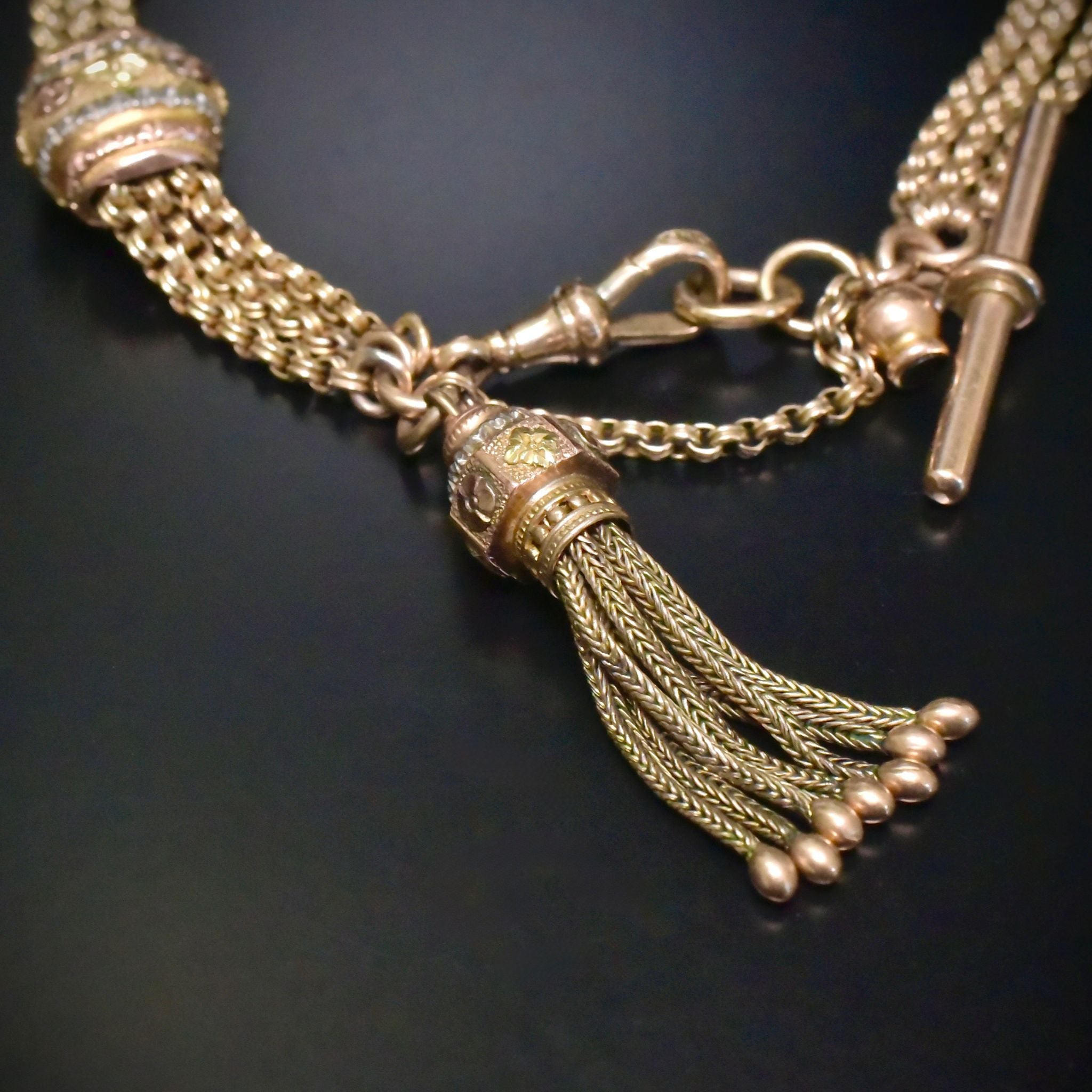 Superb Victorian 9ct Tri-Colour Gold Albertina Tassel Slide Bracelet