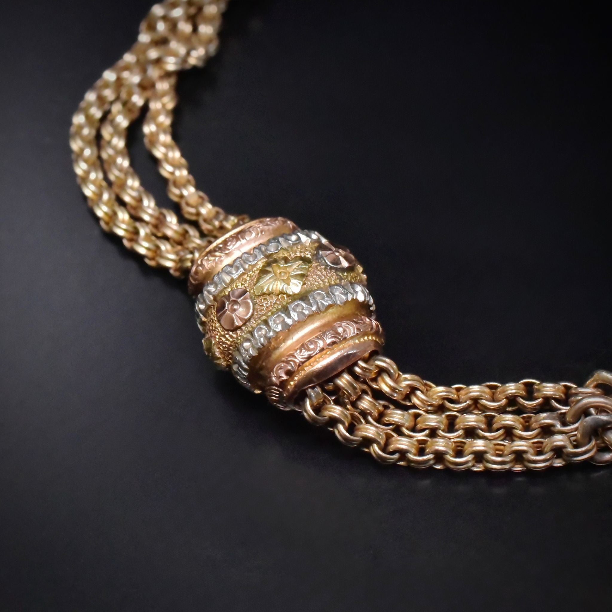 Superb Victorian 9ct Tri-Colour Gold Albertina Tassel Slide Bracelet