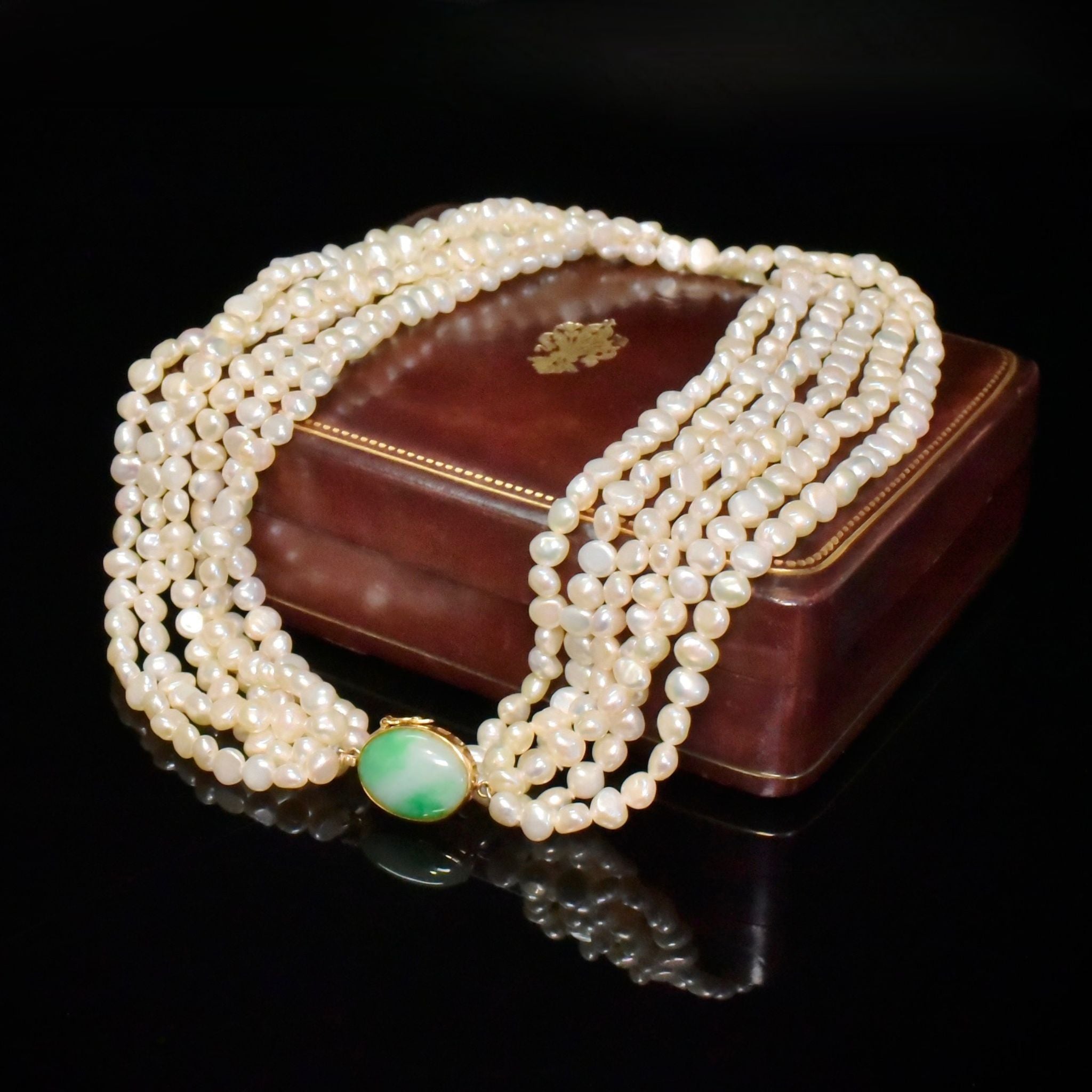 Stunning 14ct Yellow Gold & Jade Six Strand Freshwater ‘Potato Pearl’ Necklace