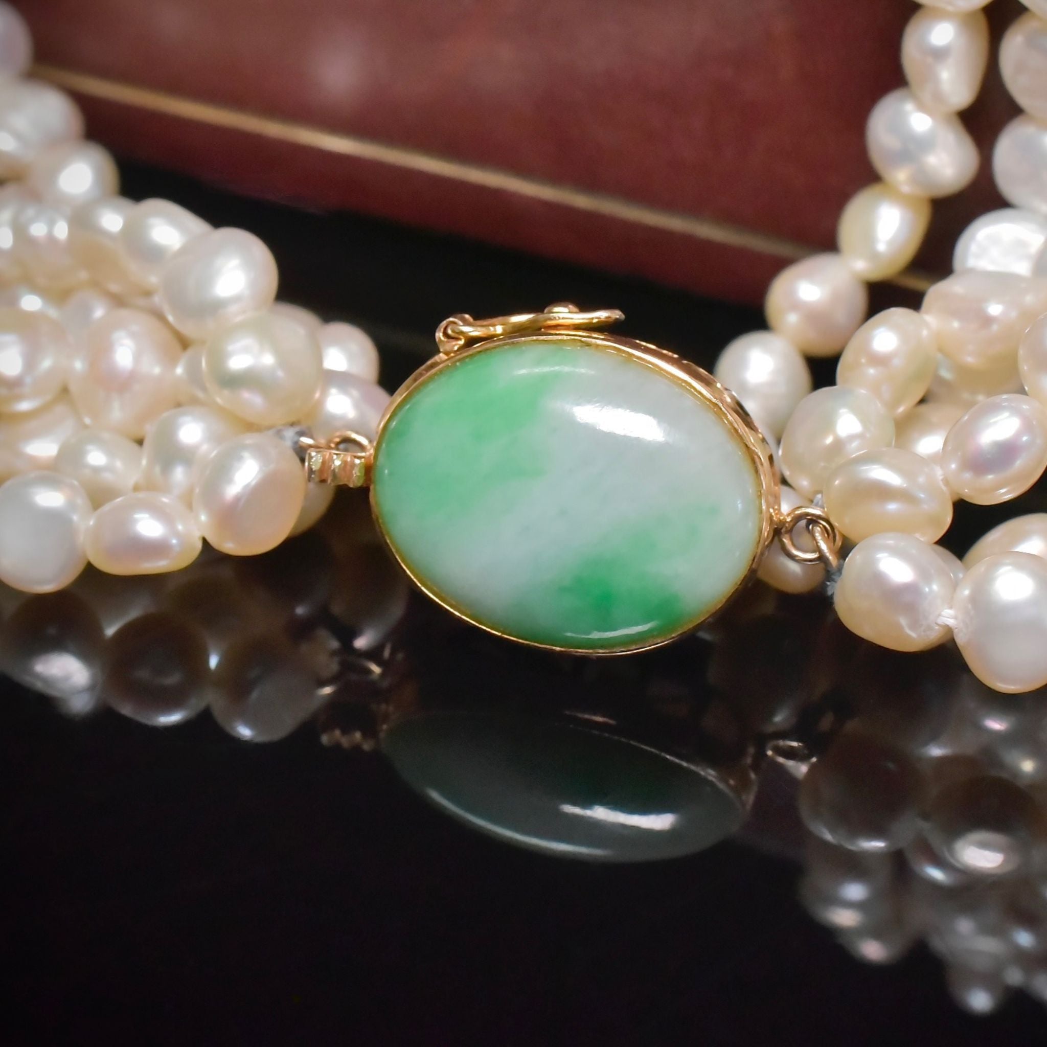Stunning 14ct Yellow Gold & Jade Six Strand Freshwater ‘Potato Pearl’ Necklace