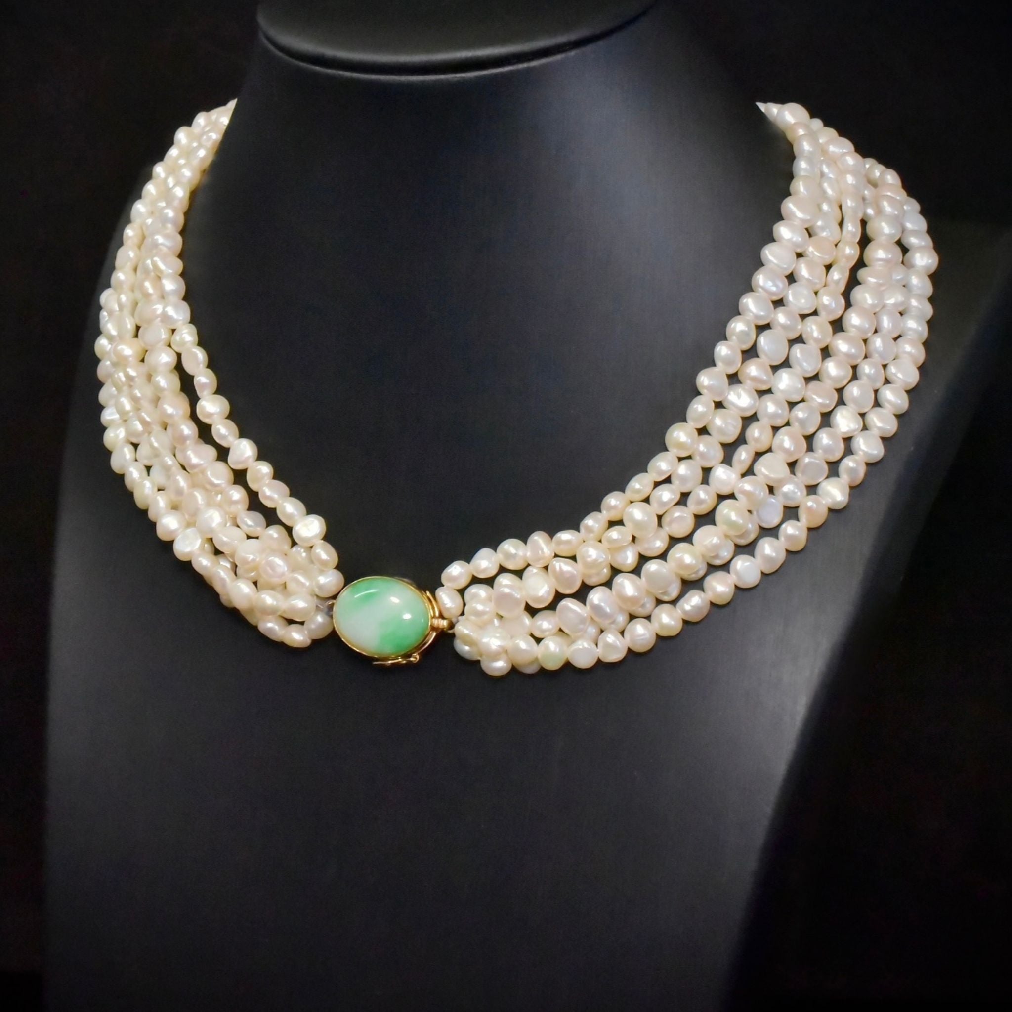 Stunning 14ct Yellow Gold & Jade Six Strand Freshwater ‘Potato Pearl’ Necklace