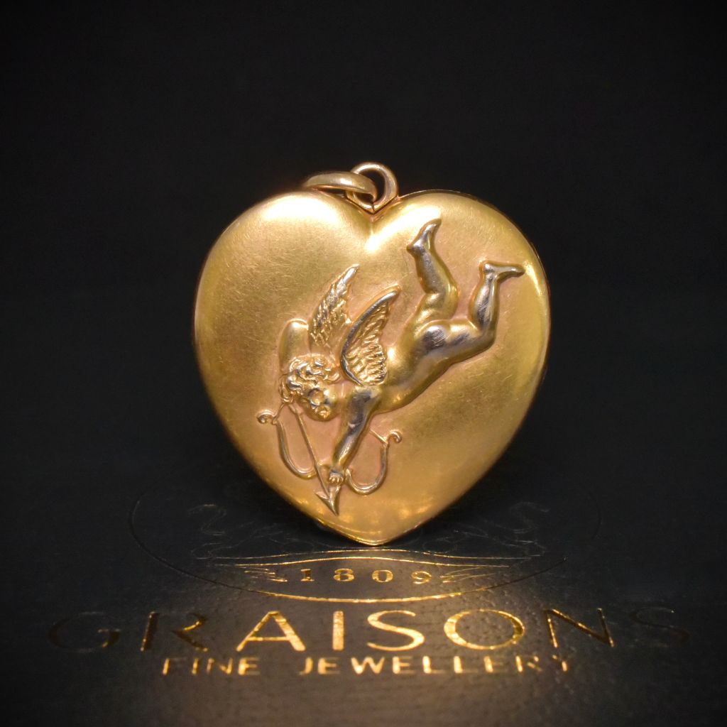 Superb Antique Art Nouveau 14ct Gold ‘Cupid’ Heart Shaped Locket Circa 1890-1910