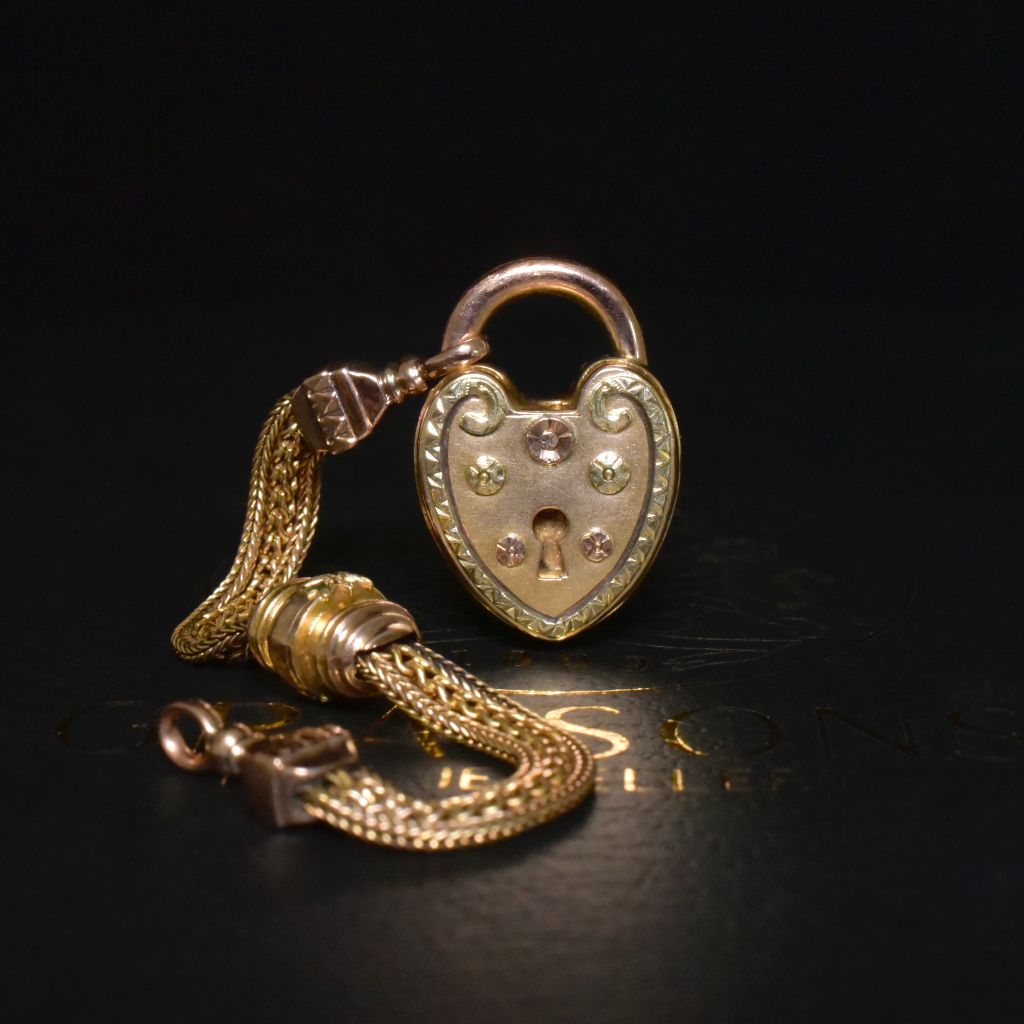 Splendid Antique Victorian 9ct And 12ct Gold Heart 1/2 Albertina Fob Chain