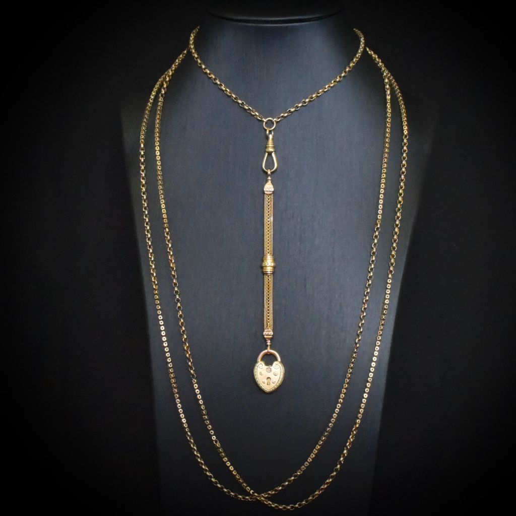 Splendid Antique Victorian 9ct And 12ct Gold Heart 1/2 Albertina Fob Chain