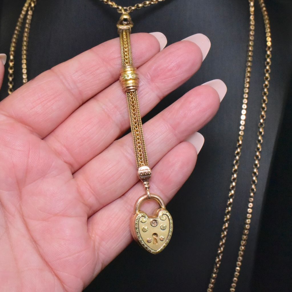 Splendid Antique Victorian 9ct And 12ct Gold Heart 1/2 Albertina Fob Chain