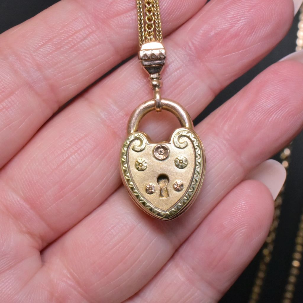 Splendid Antique Victorian 9ct And 12ct Gold Heart 1/2 Albertina Fob Chain