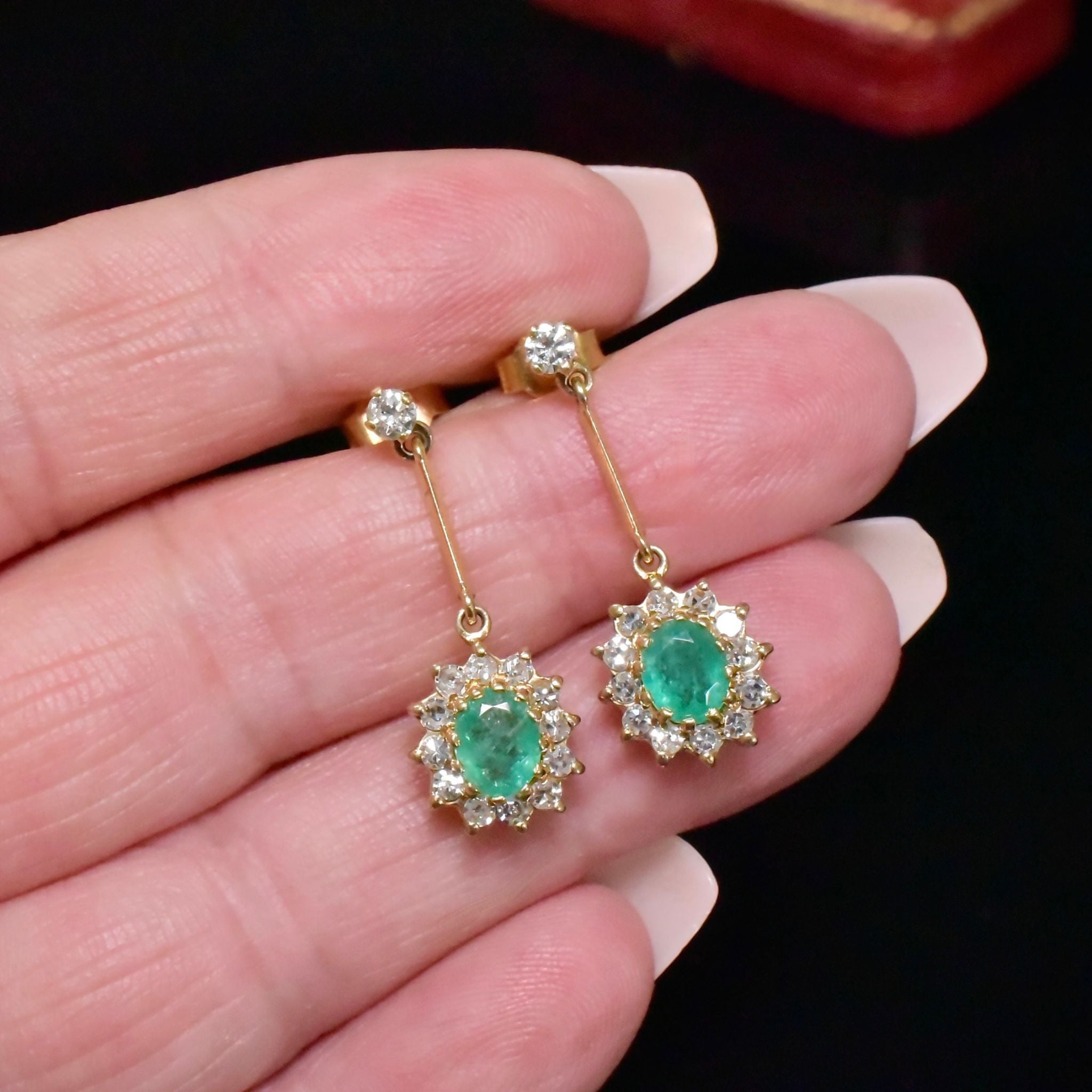 Stunning 18ct Yellow Gold Emerald And Diamond Drop Earrings