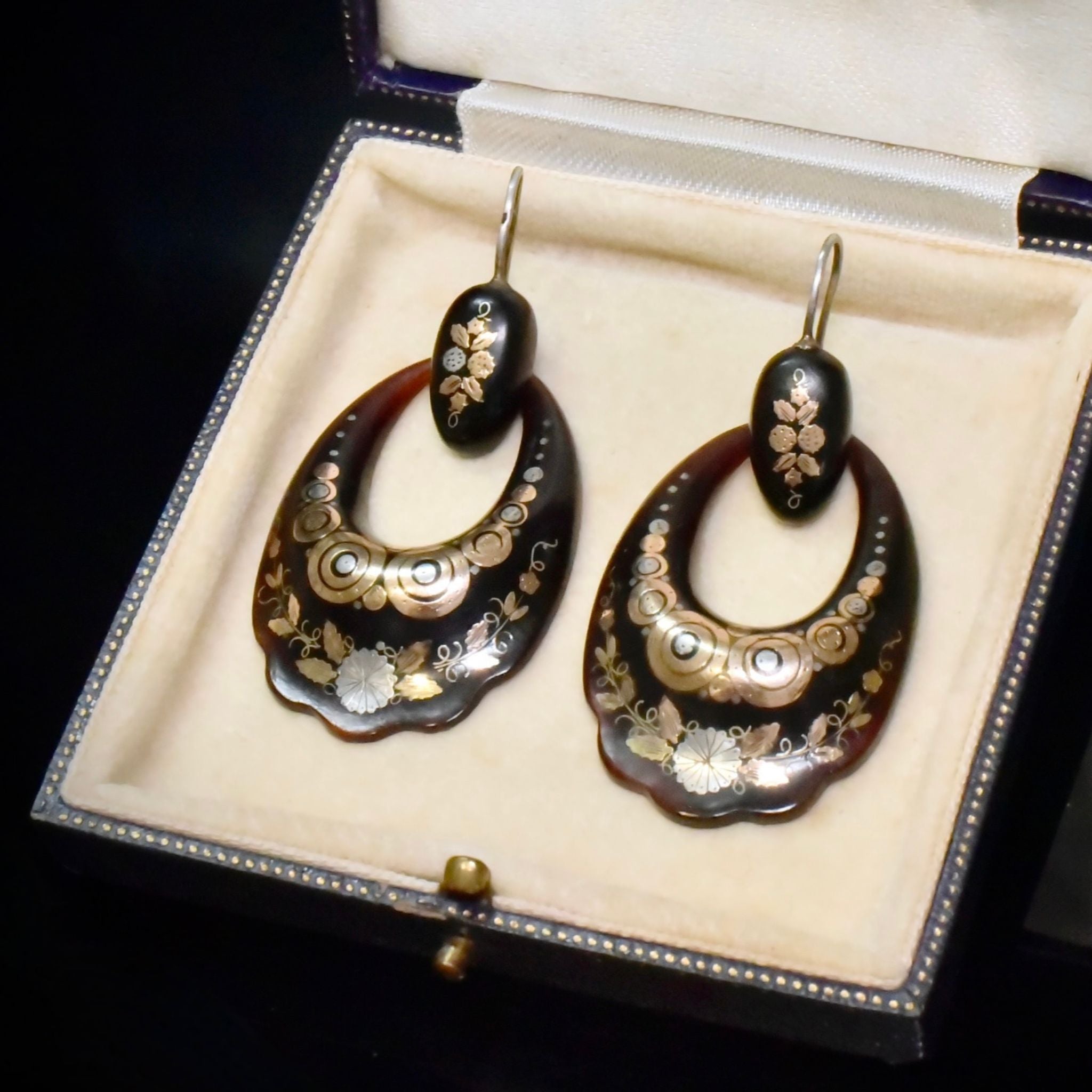 Superb Antique French Victorian Piqué Gold & Silver Earrings