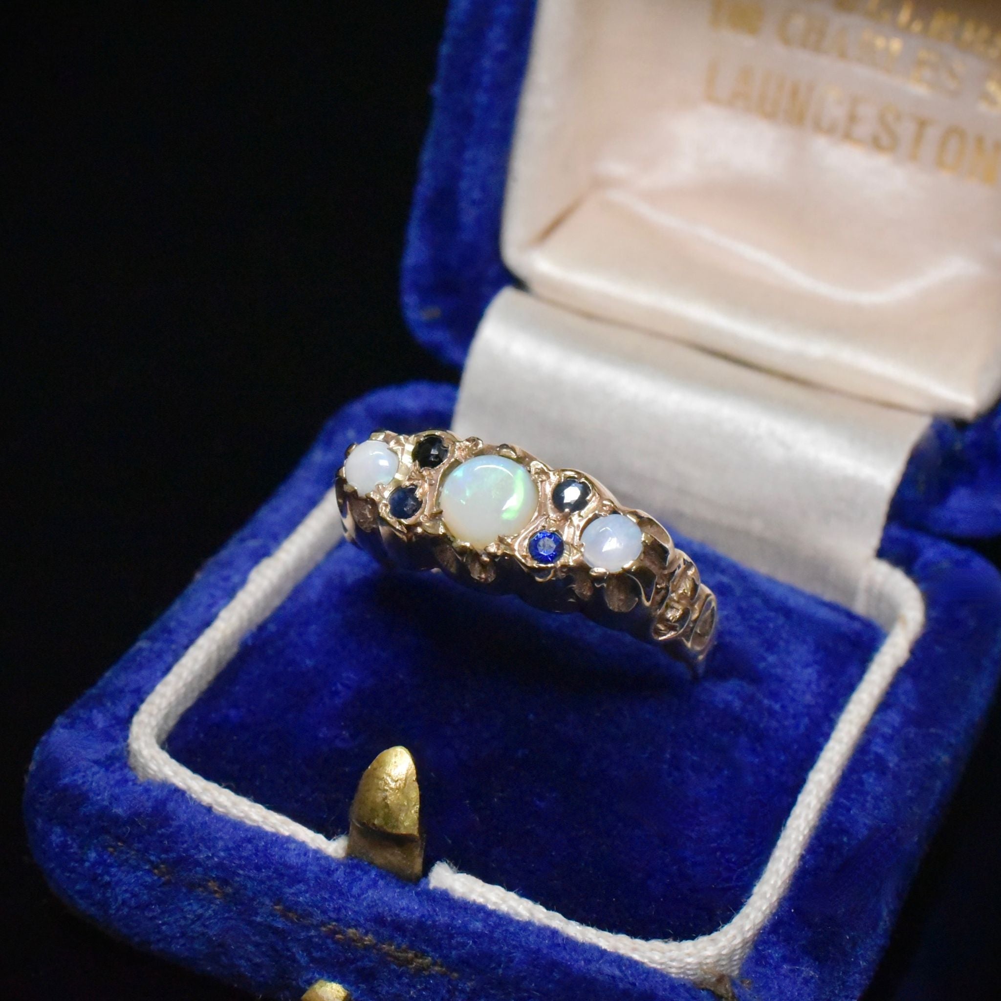 Vintage 9ct Rose Gold Opal And Sapphire Bridge Ring - Birmingham 1976