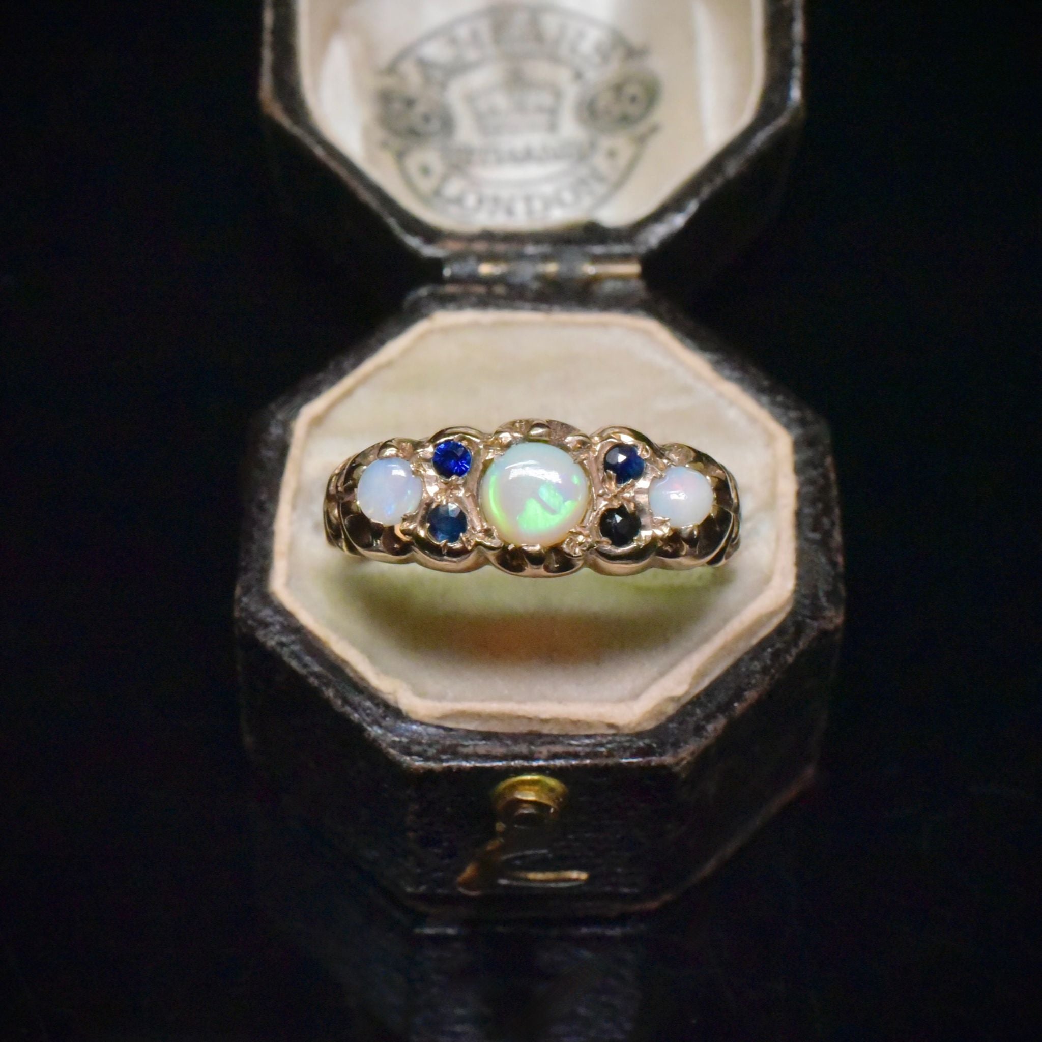 Vintage 9ct Rose Gold Opal And Sapphire Bridge Ring - Birmingham 1976