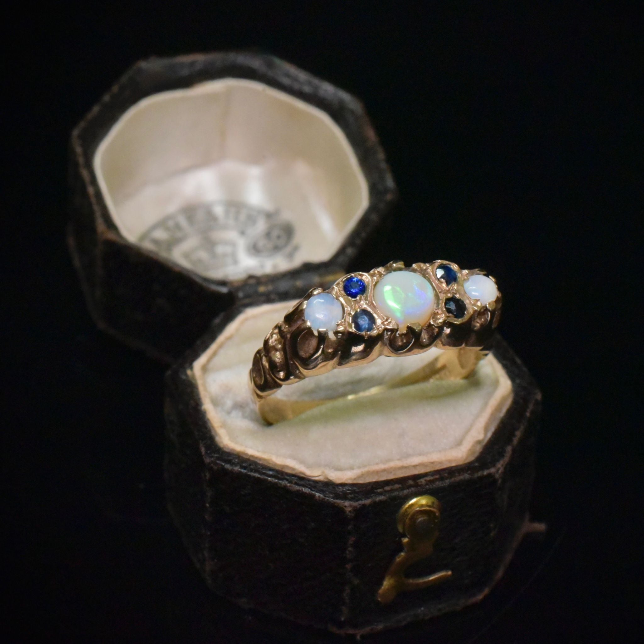 Vintage 9ct Rose Gold Opal And Sapphire Bridge Ring - Birmingham 1976