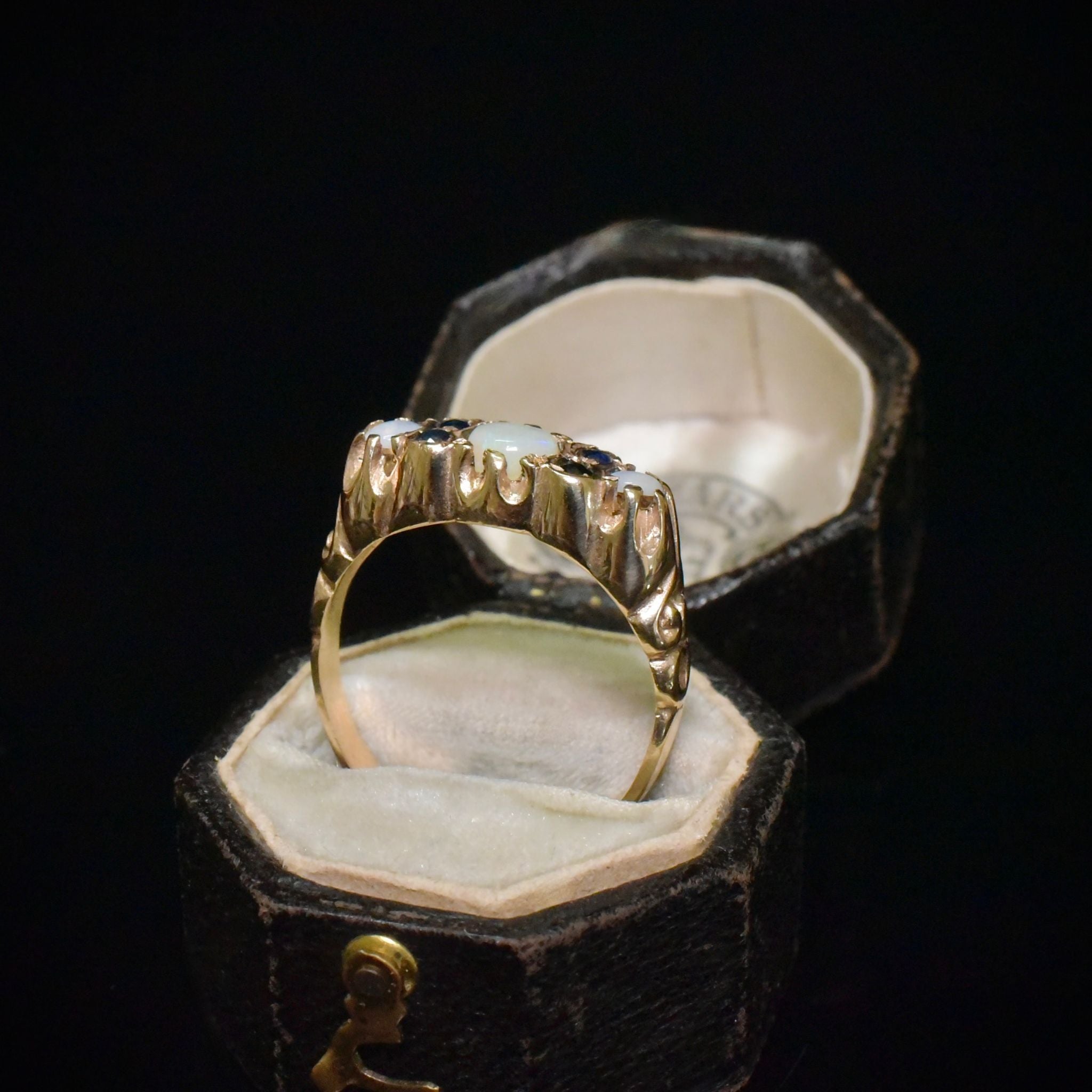 Vintage 9ct Rose Gold Opal And Sapphire Bridge Ring - Birmingham 1976