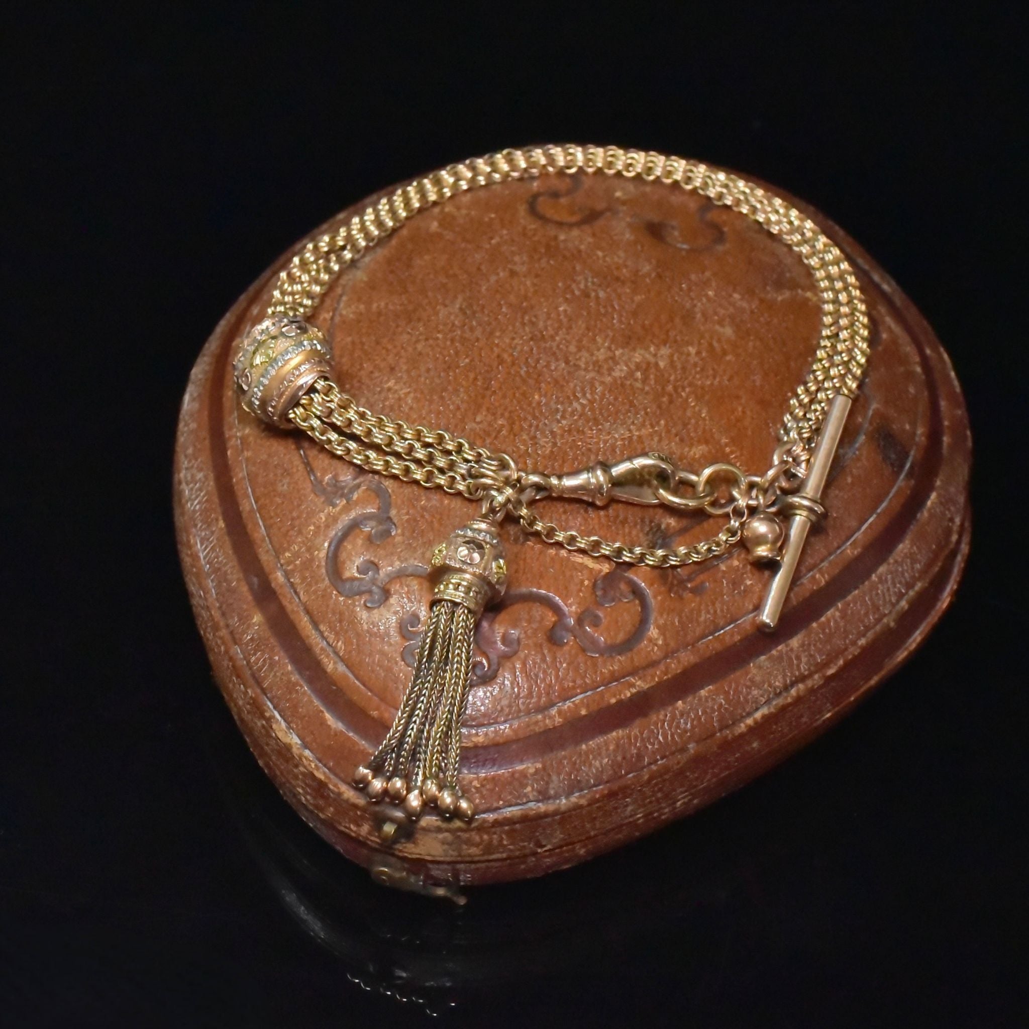 Superb Victorian 9ct Tri-Colour Gold Albertina Tassel Slide Bracelet