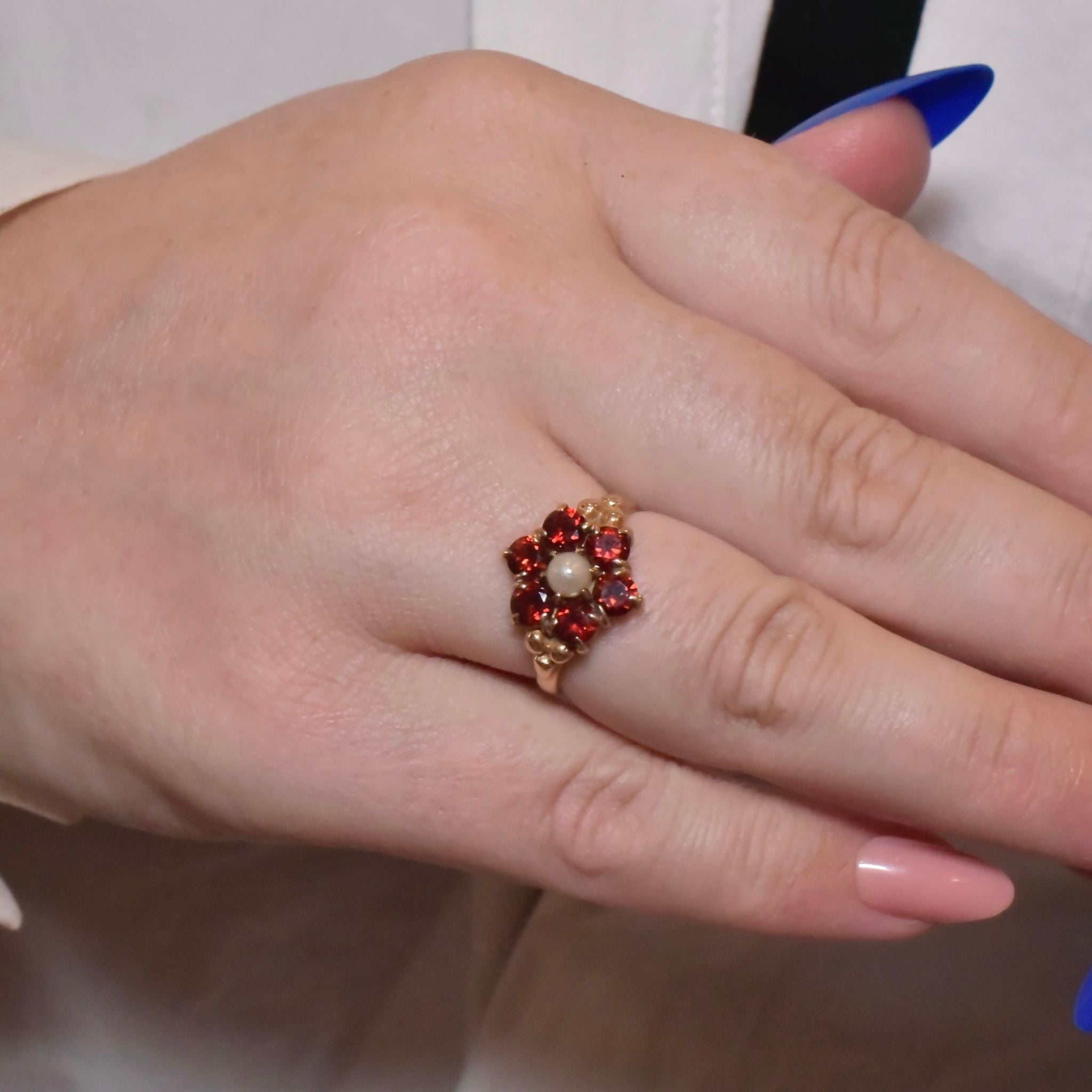 Superb Vintage 9ct Yellow Gold Garnet & Pearl ‘Daisy’ Halo Cluster - Birmingham 1961