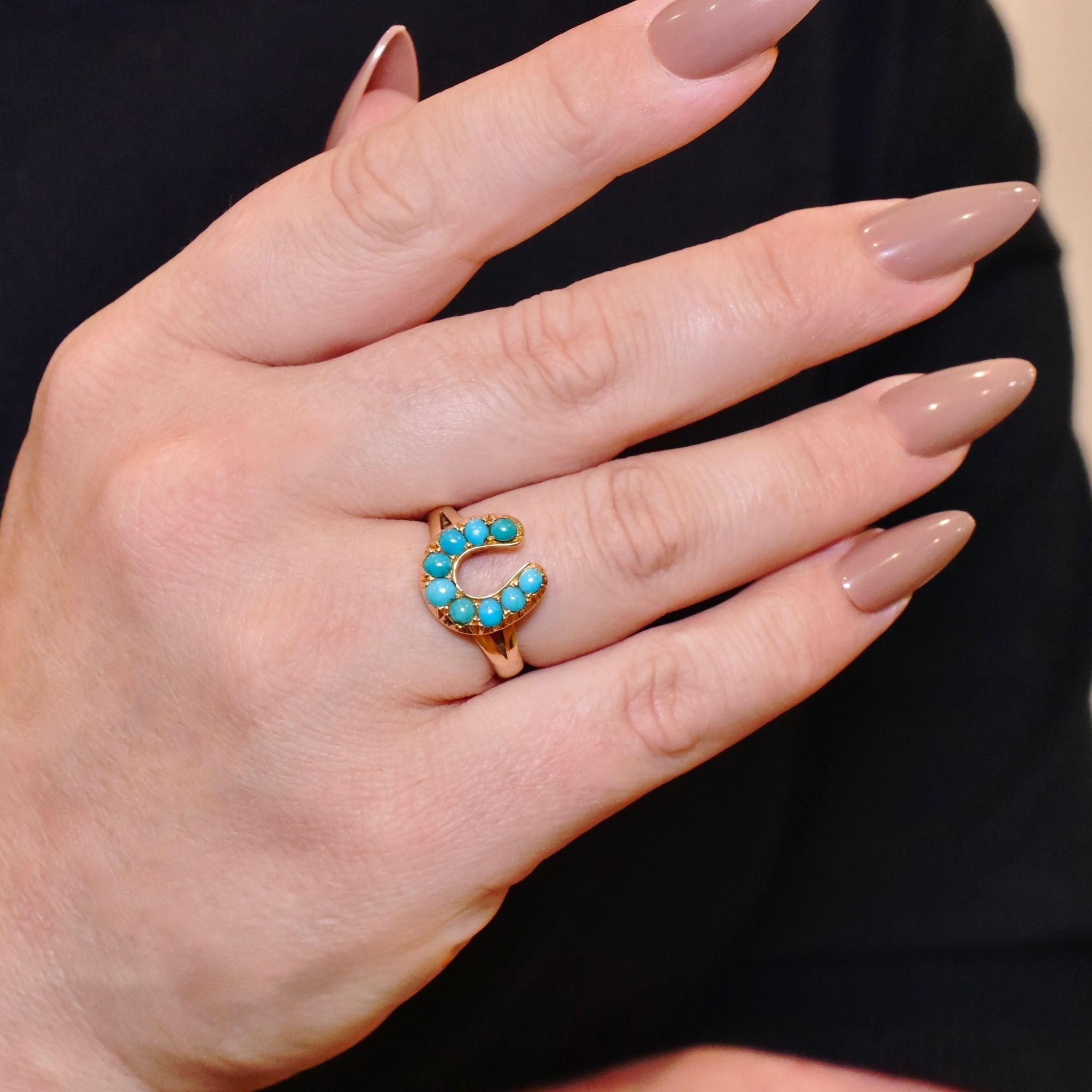 Antique Edwardian 9ct Yellow Gold Persian Turquoise ‘Horseshoe’ Ring