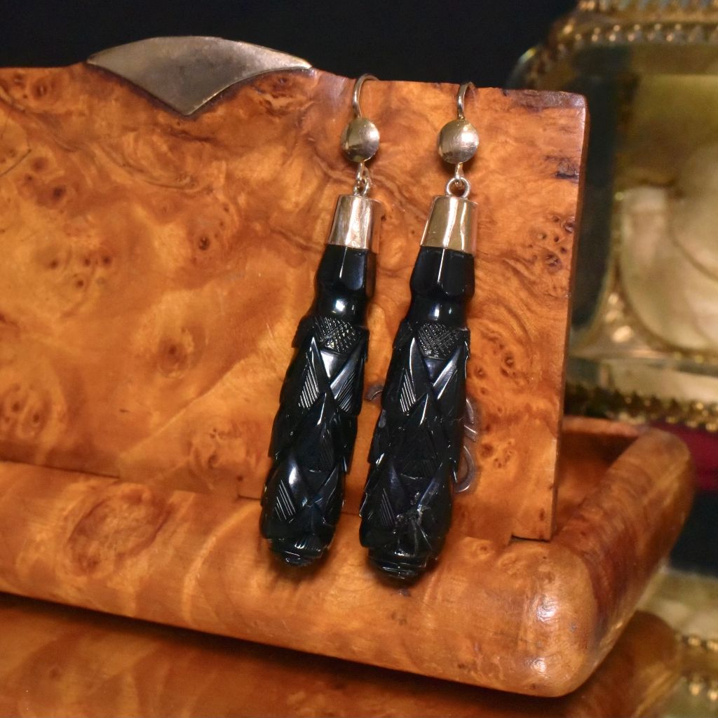 Antique Victorian 9ct Rose Gold Carved Whitby Jet Pendeloque Earrings Circa 1880’s