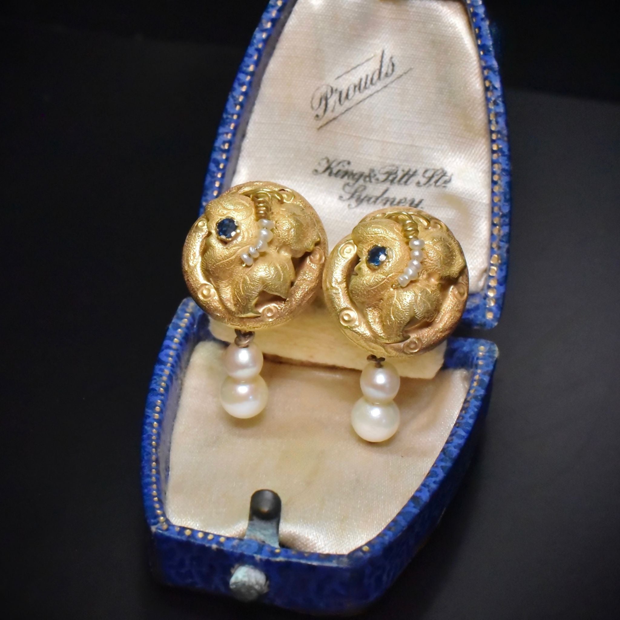 Superb Antique Victorian 18ct Yellow Gold Sapphire And Pearl Earrings - Circa 1880-90