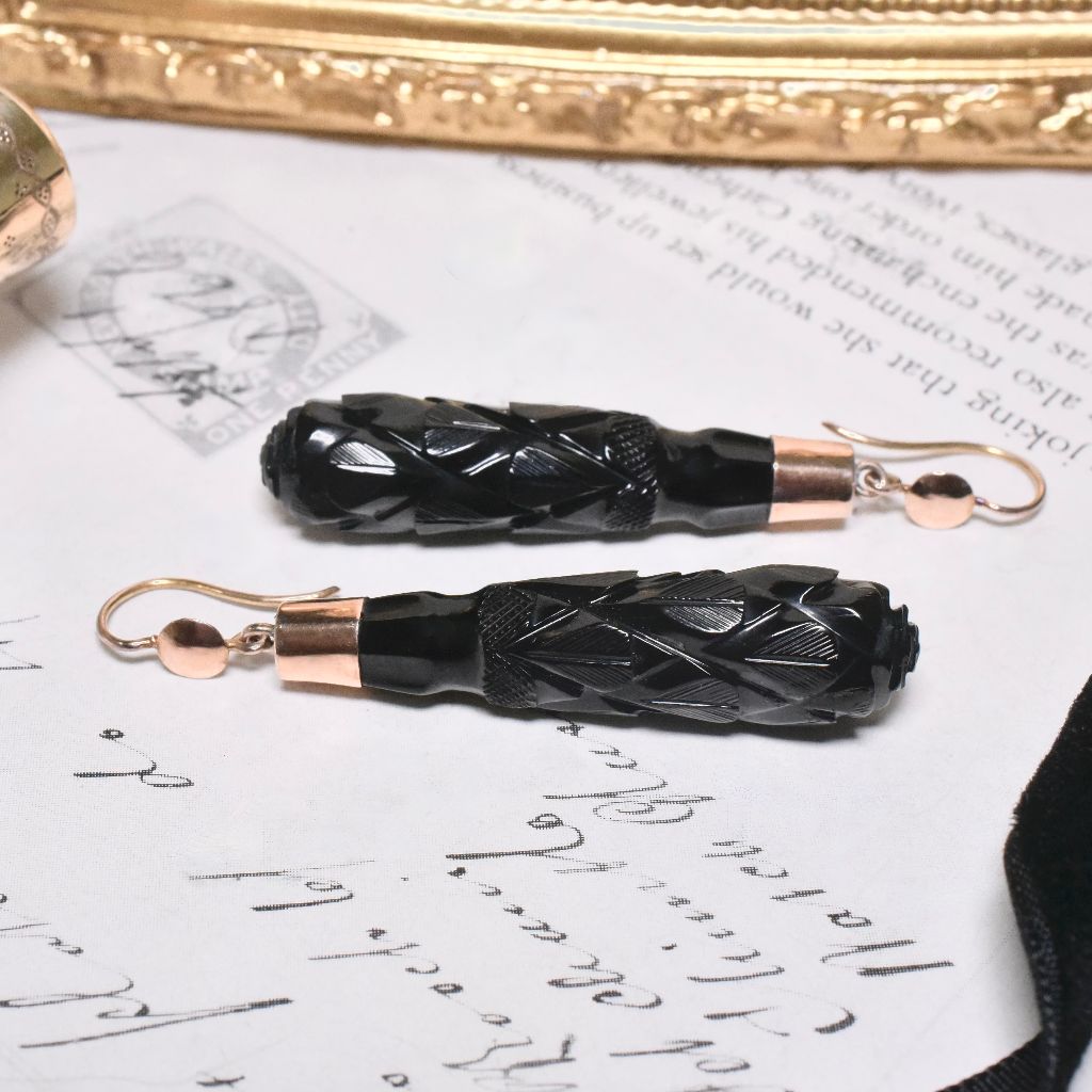 Antique Victorian 9ct Rose Gold Carved Whitby Jet Pendeloque Earrings Circa 1880’s