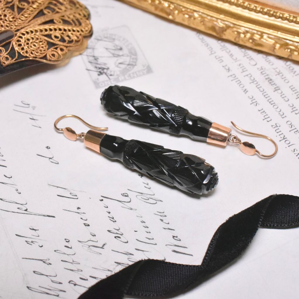 Antique Victorian 9ct Rose Gold Carved Whitby Jet Pendeloque Earrings Circa 1880’s