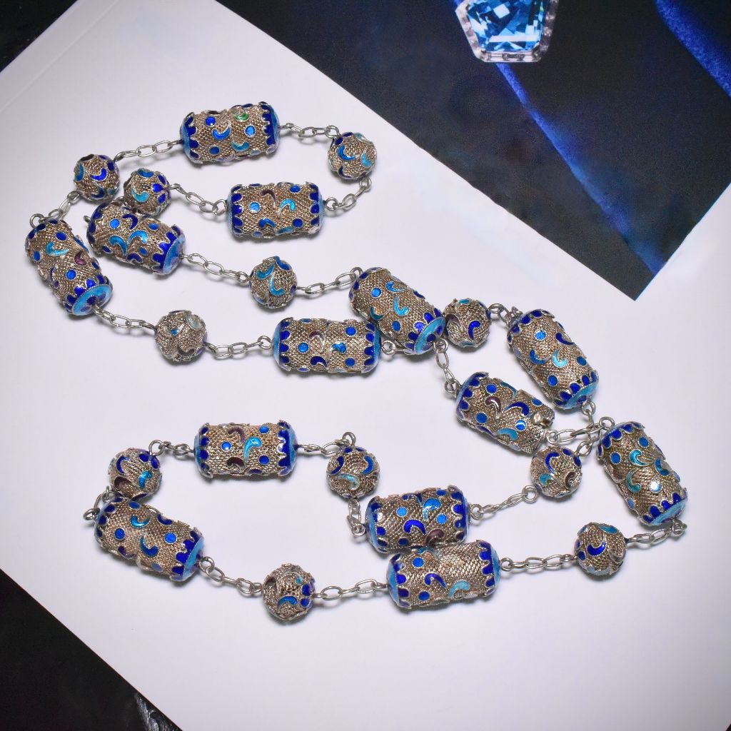Vintage Sterling Silver And Enamel Long Chain - 75cm