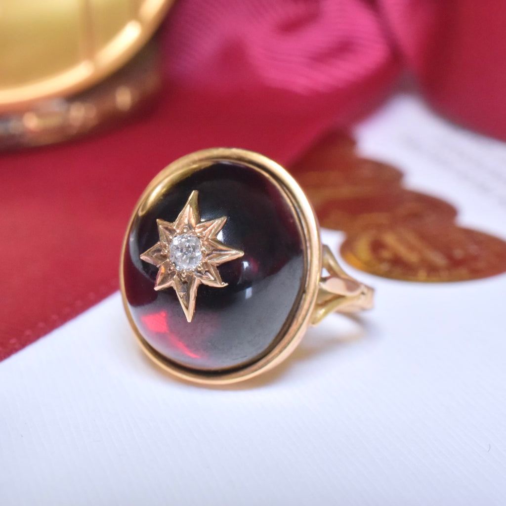 Antique Victorian 14ct Gold Carbuncle ‘Star’ OMC Diamond Set Ring - Circa 1880-90